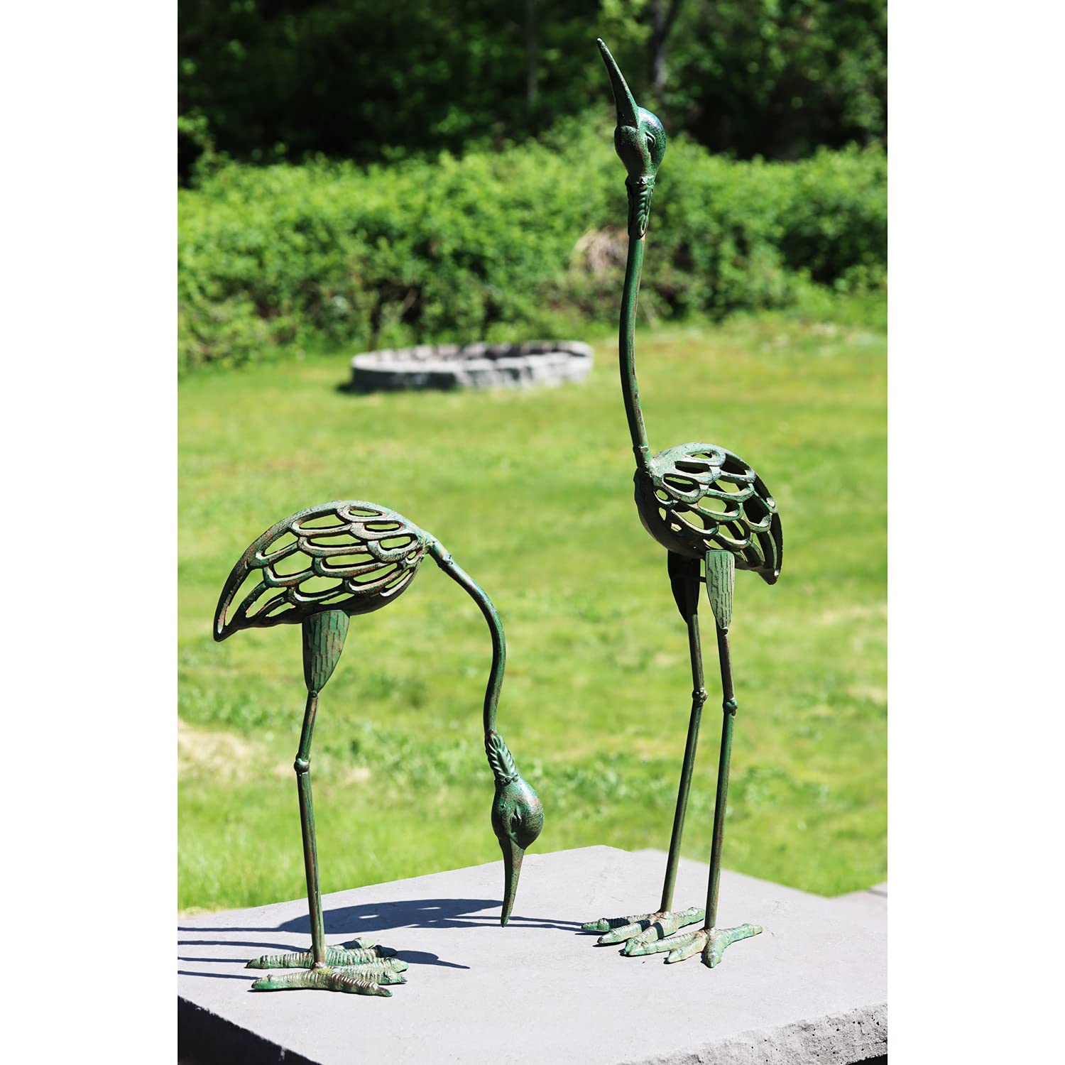 Seraphic Cast Iron Garden Decor Crane Bird Statues - Antique Green Finish, Set of 2, Outdoor Patio & Yard Ornaments for Zen Garden, Pond, or Lawn Decoration