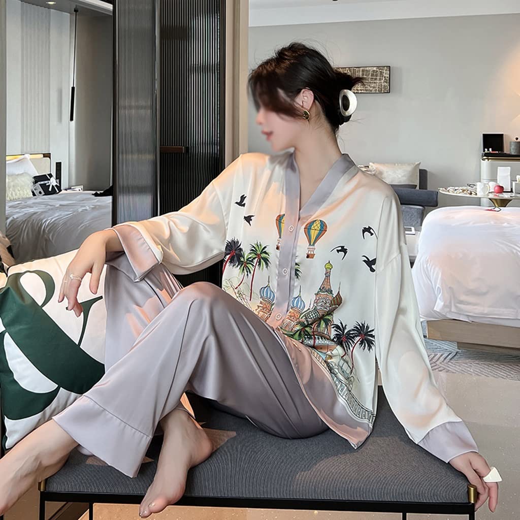 Premium Women's Ice Silk Pajama Set - Long Sleeve Printed Cardigan & Pants for Spring/Autumn (XL, Color A) | Soft Lounge Wear for Home Relaxation, Sleep & Comfort