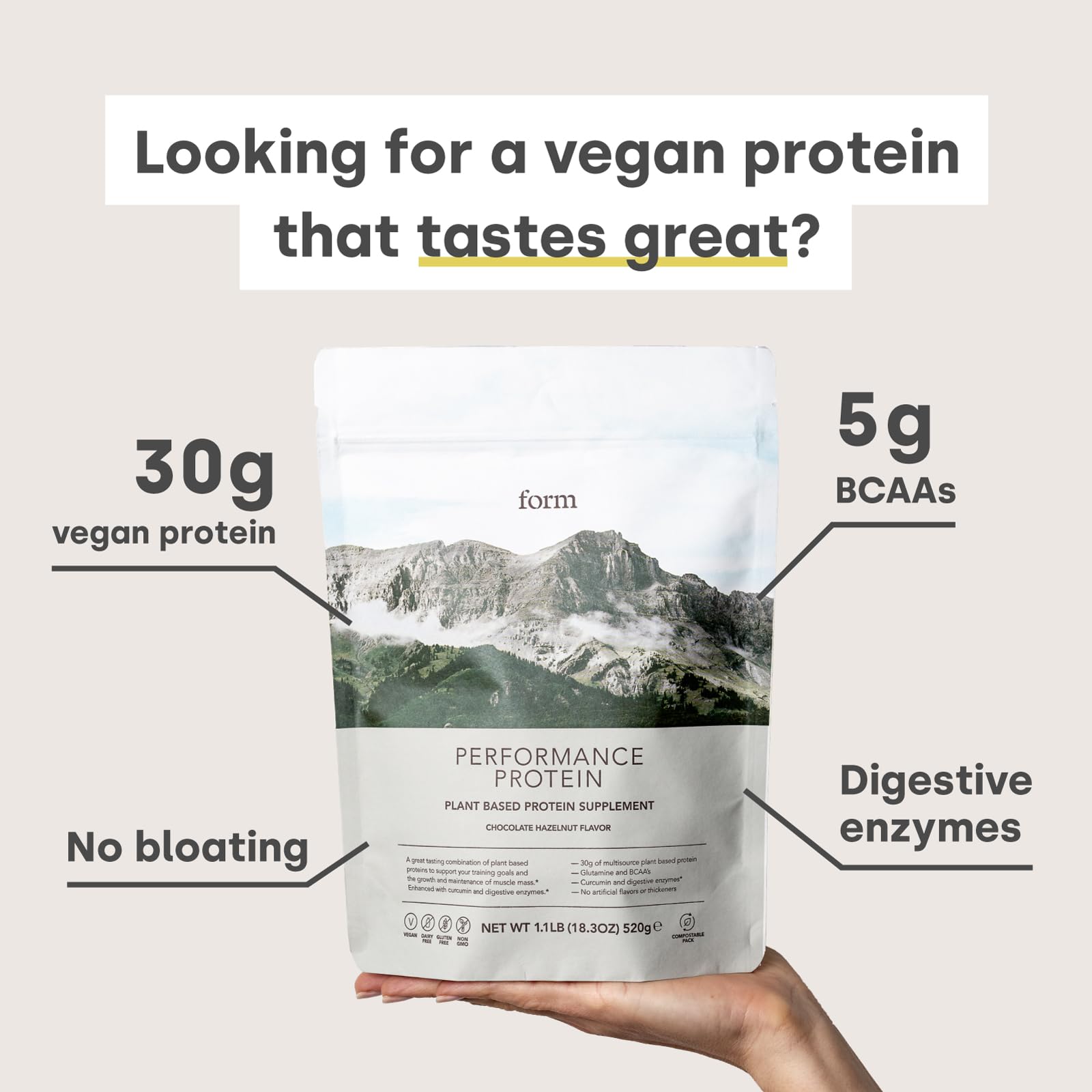Form Performance Protein - Vegan Plant-Based Protein Powder with BCAAs, 30g Protein per Serving | Chocolate Peanut Flavor | Great for Post-Workout Recovery, Muscle Building & Healthy Lifestyle | Mixes Easily with Water or Smoothies