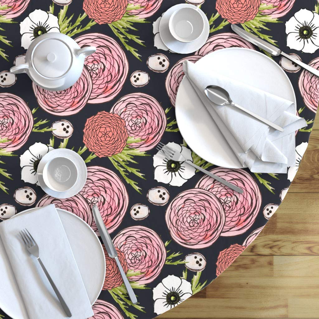 Custom Night Garden Japanese Floral Print Cotton Sateen Tablecloth - 70 Inch Round Pink Blush Asian Inspired Table Linens for Dining Room Decor, Wedding Reception & Special Occasions