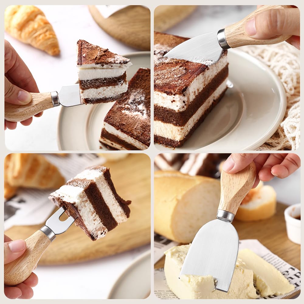 Premium Stainless Steel Cheese Knife Set with Wooden Handle - 4-Piece Cheese Knives, Forks & Slicer for Charcuterie Boards, Cheese Spreads & Entertaining - Perfect for Wine Parties, Cheese Tasting & Gourmet Platters