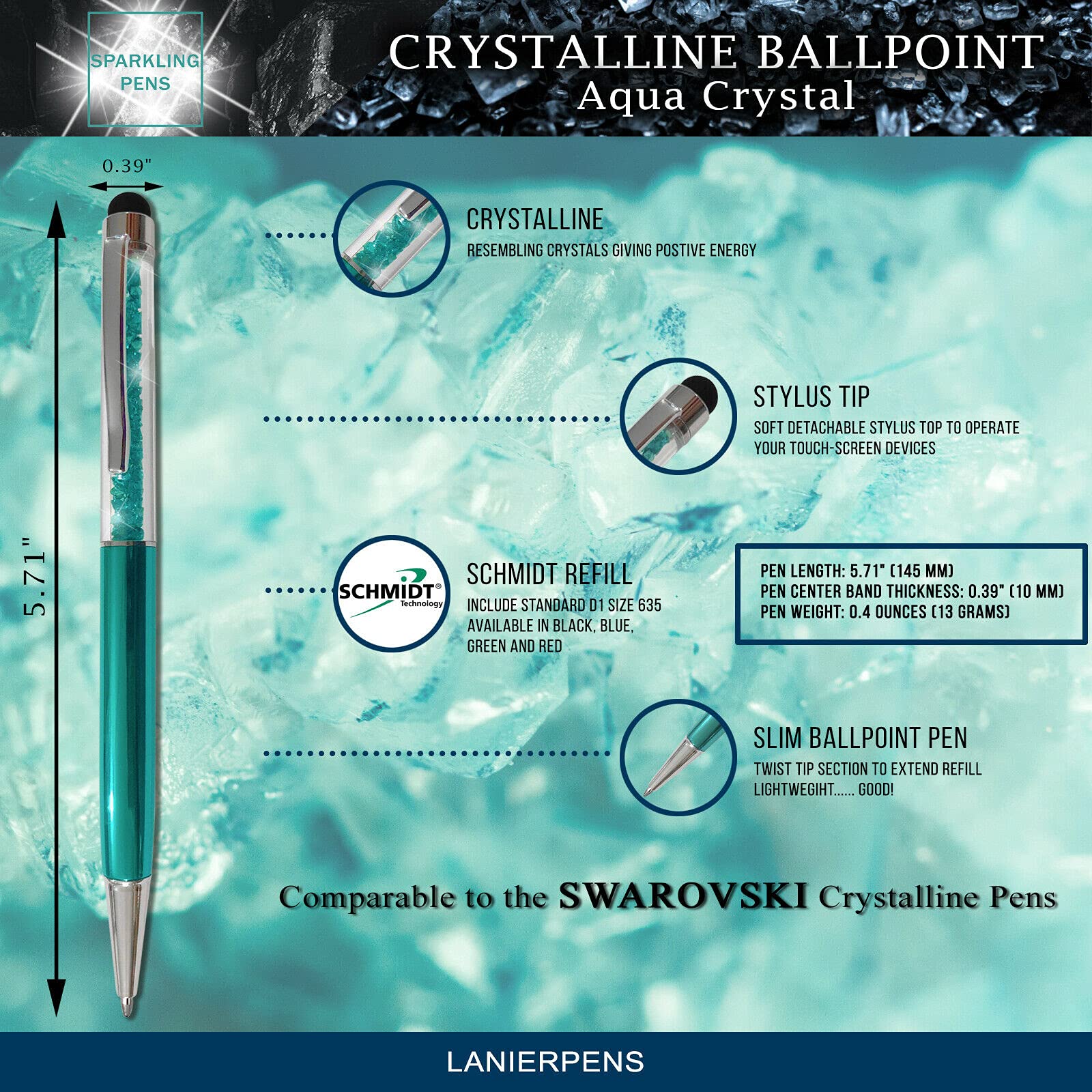 Crystal Stylus Pen - Aqua Blue for Touchscreens & Writing