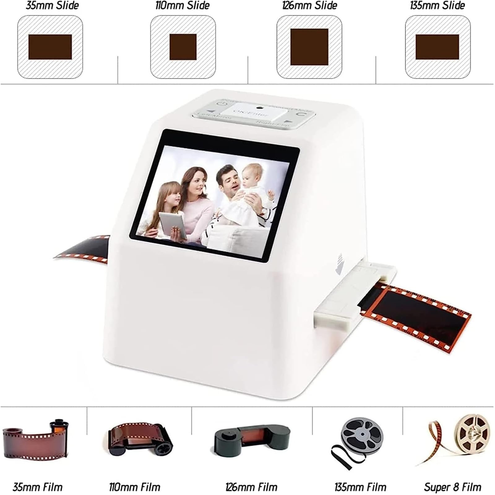 Digital Film & Slide Scanner - 20MP High Resolution, Converts 135mm, 126, 110, Super 8 & 8mm Film Negatives/Slides to JPEG - Perfect for Photo Restoration, Archiving Old Memories & Digitizing Family History