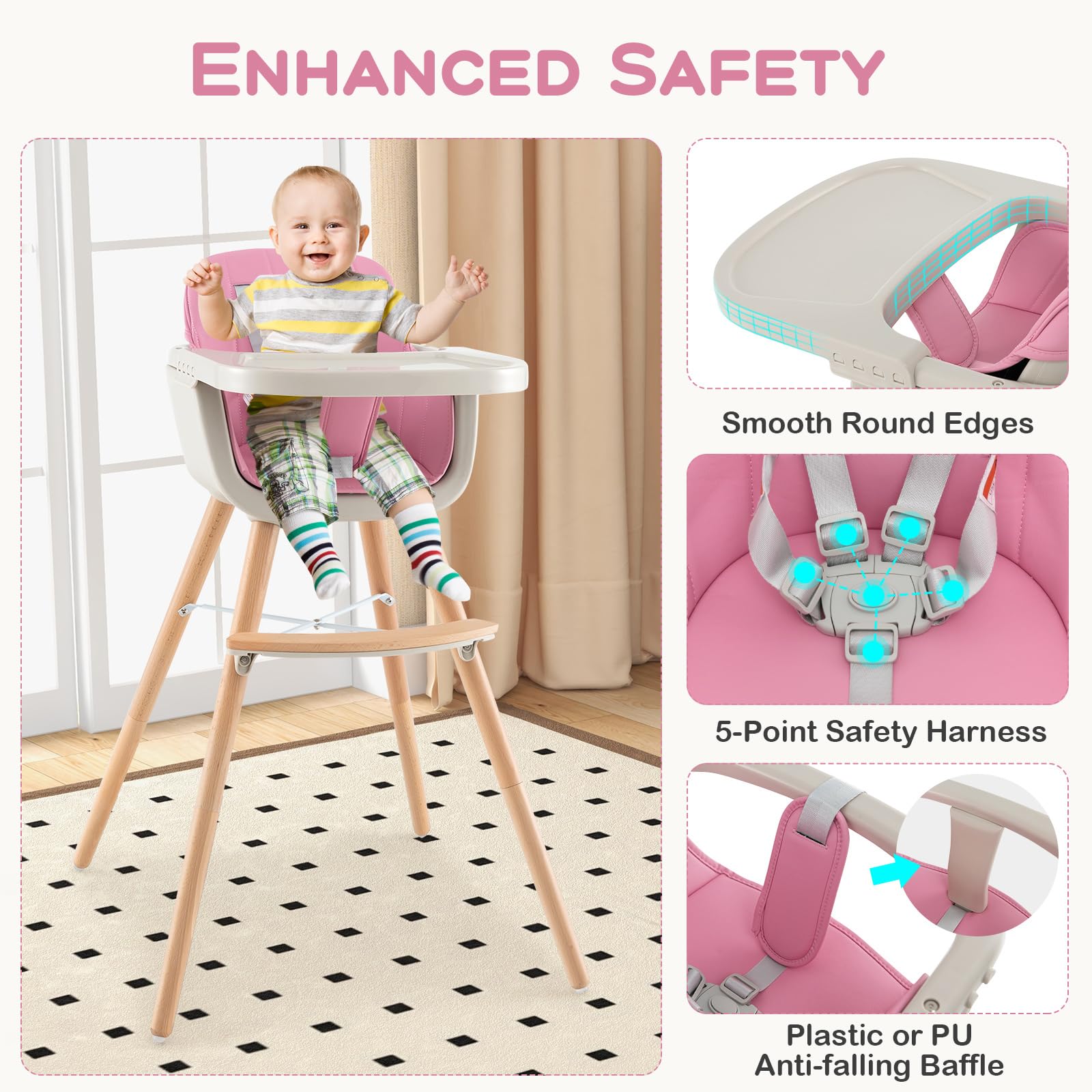 KOTEK 3-in-1 Convertible Wooden High Chair for Babies & Toddlers - Adjustable Height, 3-Position Food Tray, 5-Point Safety Harness with PU Cushion & Footrest - Pink Baby Dining Chair for Home, Restaurant & Daycare Use