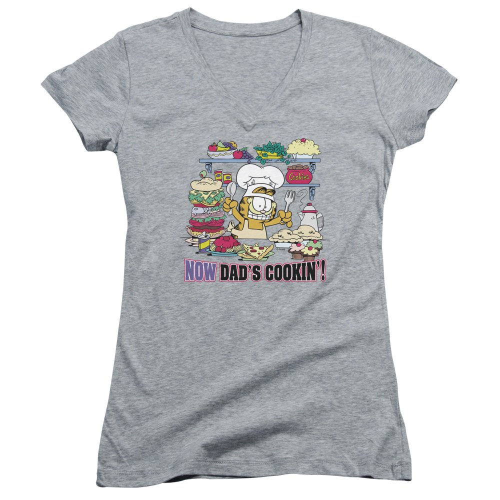 Garfield Now Dads Cooking Juniors' Sheer Fitted V-Neck T-Shirt | Funny Graphic Tee for Men | Casual Wear & Gift Idea
