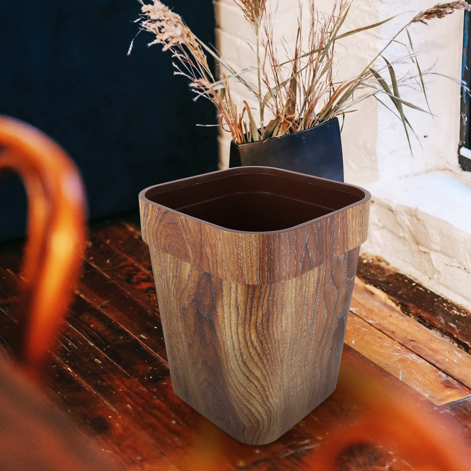 13 Gallon Wood Grain Trash Can - Lidless Waste Basket for Kitchen, Bathroom & Office - Eco-Friendly Wood Look Garbage Bin (11.99x9.43x9.43 Inches) - Perfect for Home, Office & Commercial Spaces