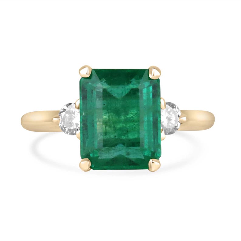 4.27tcw 14K Gold Green Emerald Cut & Round Diamond Three Stone Engagement Ring for Women - Perfect for Proposals, Anniversaries & Special Occasions