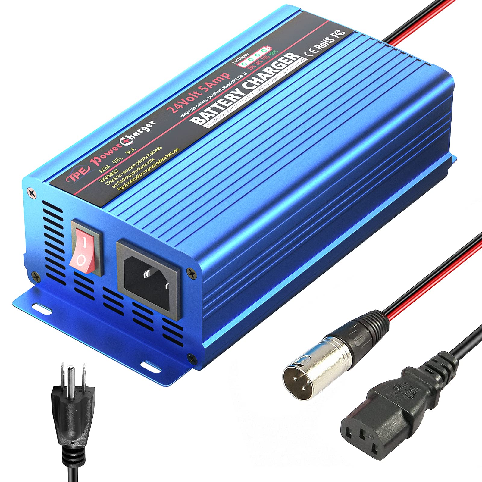 24V 5A Smart Automatic Battery Charger & Maintainer with XLR Connector - Universal for Car, Boat, Lawn Mower, Marine, Scooter, Wheelchair, Motorcycle, eBike - Ideal for Home, Garage & Outdoor Power Equipment Maintenance