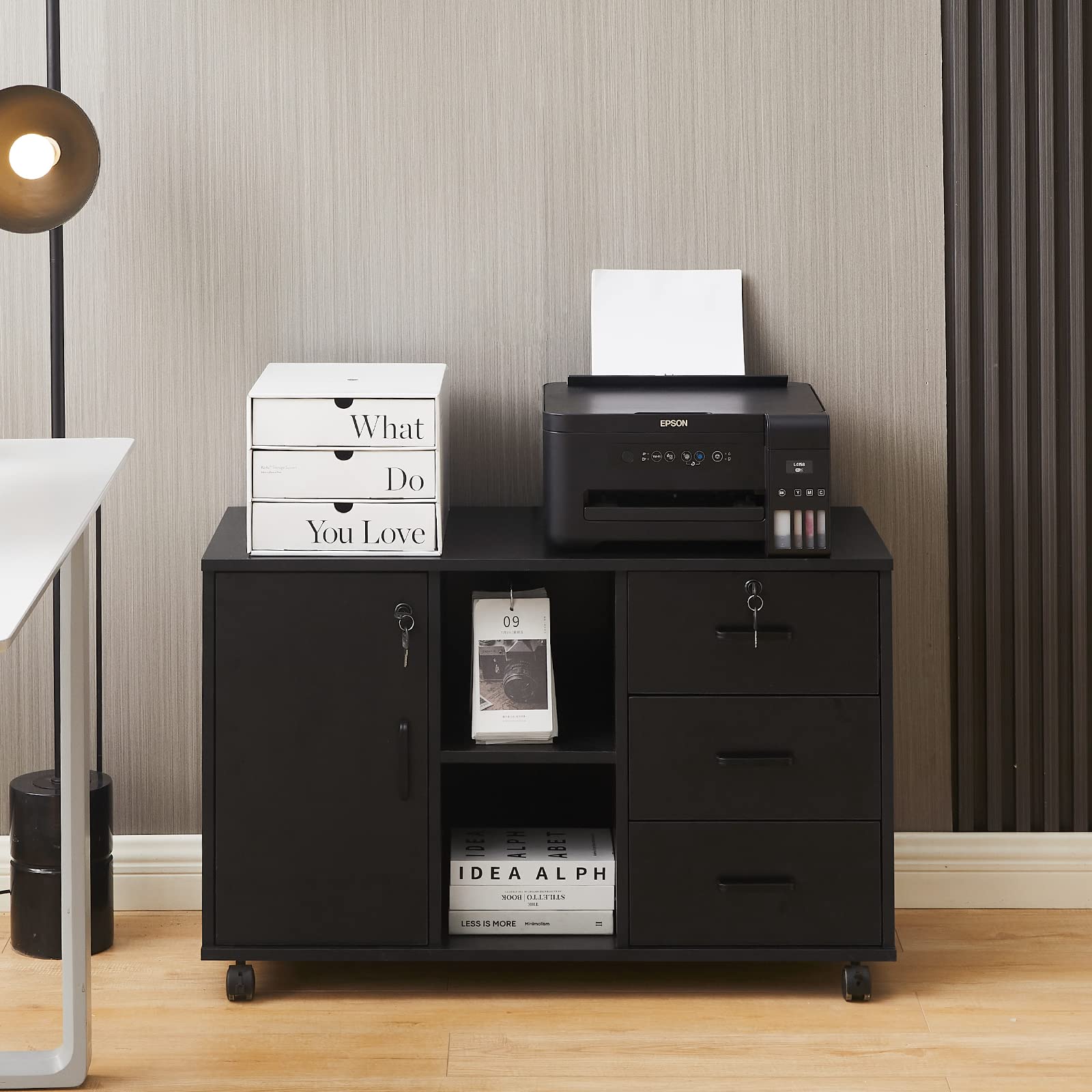 TUKAILAi 3-Drawer Mobile File Cabinet with Door & Open Shelf - Lateral Printer Stand, Rolling Office Storage with 4 Wheels, Wooden Stationery Organizer for Home Office (Black) - Perfect for Small Spaces & Document Organization