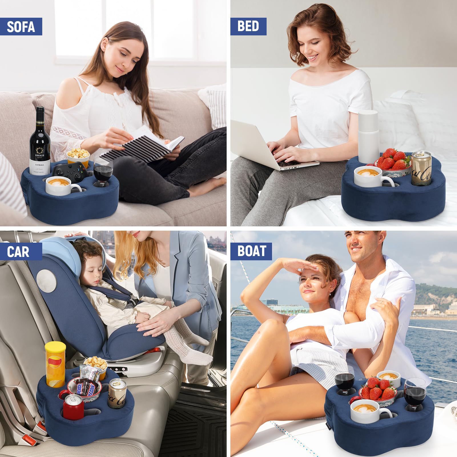 Universal Couch Cup Holder Pillow - Sofa & Bed Organizer Caddy for Drinks, Remote Controls, Phones & Snacks - Navy Blue - Perfect for Movie Nights & Relaxing at Home