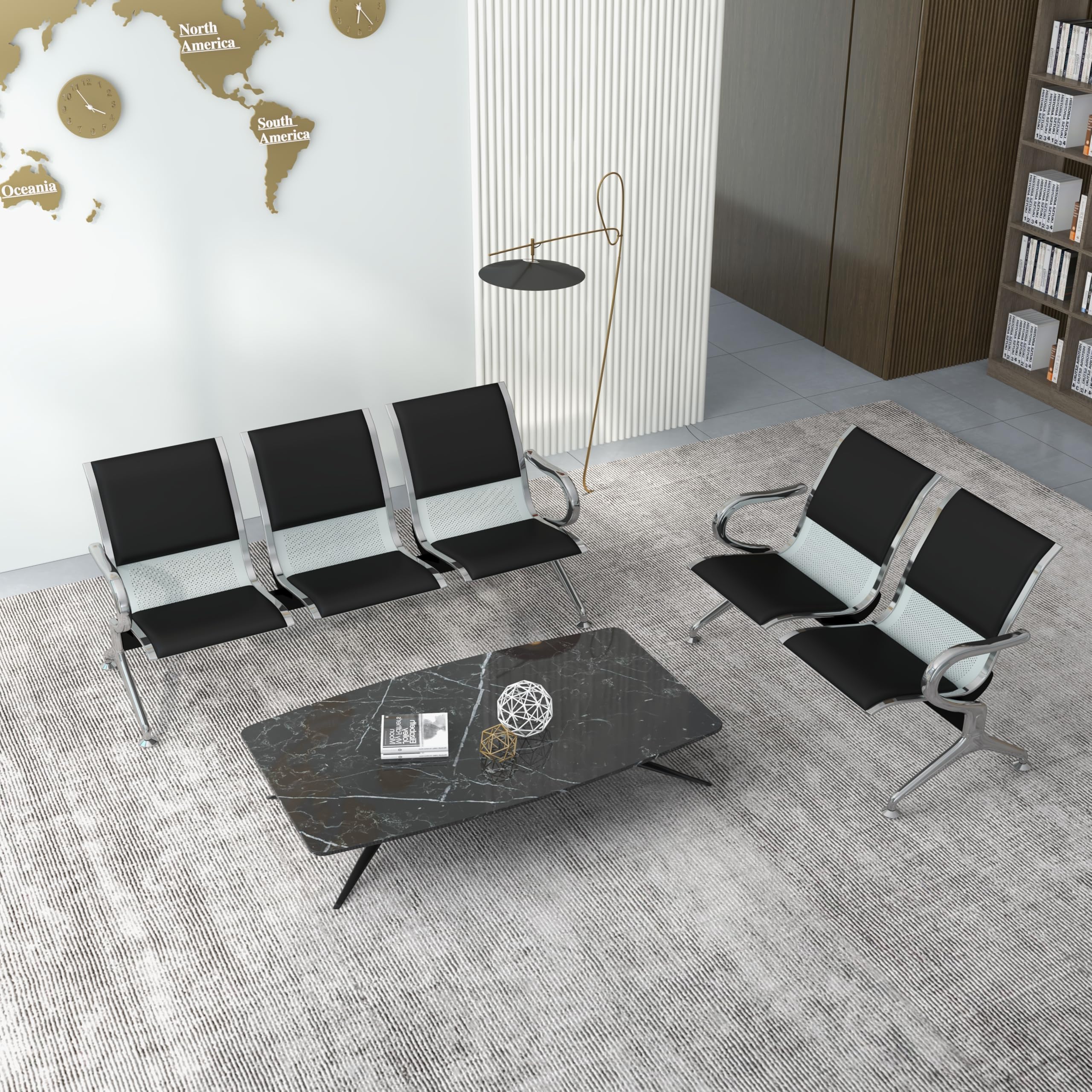 Kinsuite 5-Seat PU Leather Reception Waiting Room Chairs with Arms - Office Guest Chairs for Airport, Bank, Hospital & Business Lounge Seating - Durable Bench for High Traffic Areas