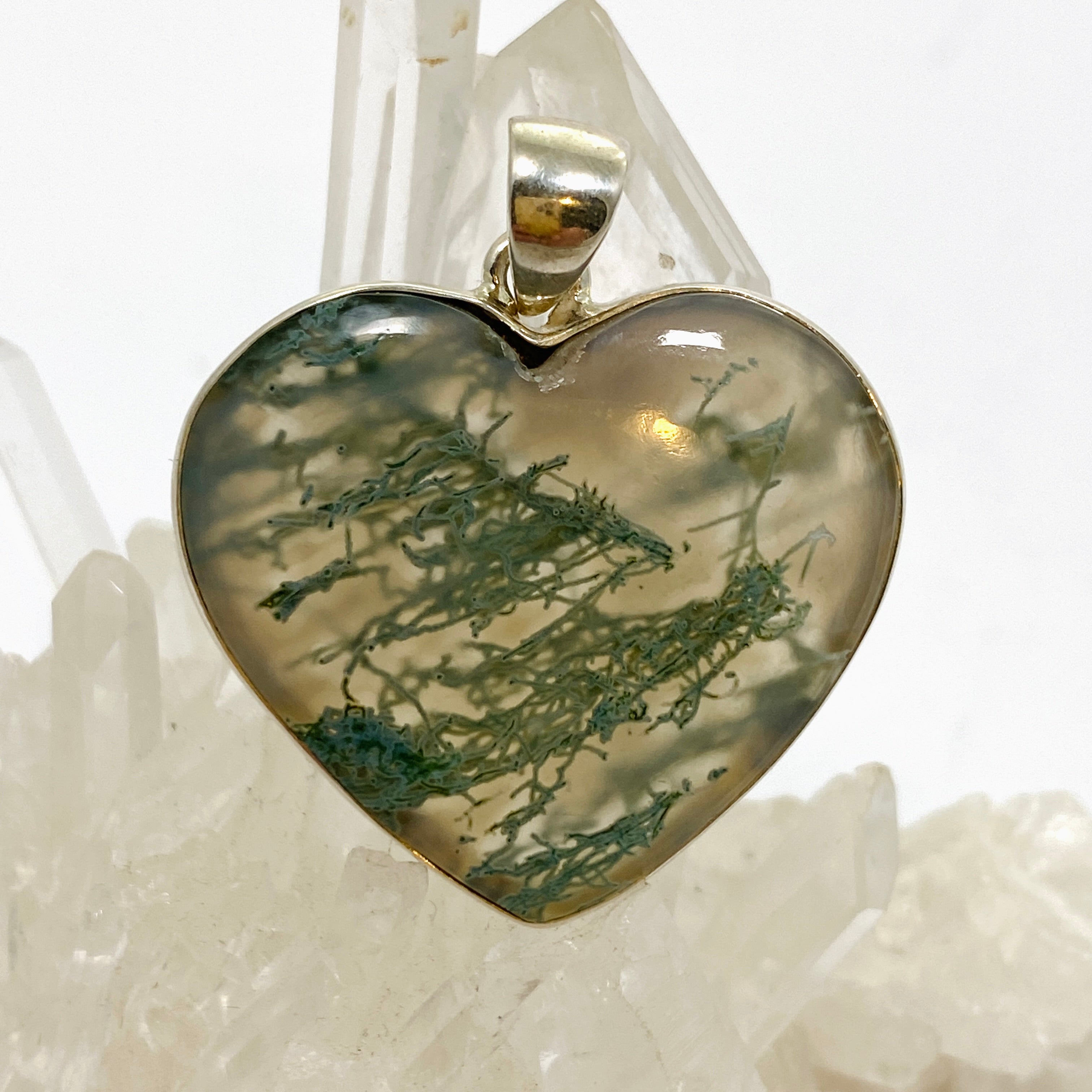 Natural Moss Agate Heart Cabochon Pendant Necklace - 925 Sterling Silver Jewelry for Women - Perfect for Valentine's Day, Anniversary & Spiritual Healing Gifts