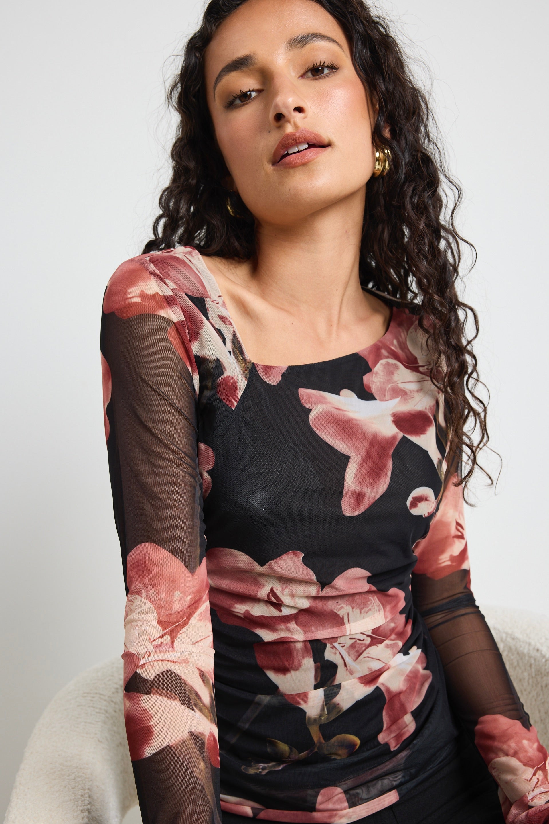 Trendy Askew Blush Floral Mesh Asymmetrical Long Sleeve Top for Women | Elegant Loose Fit Blouse | Perfect for Date Night, Party & Casual Outings