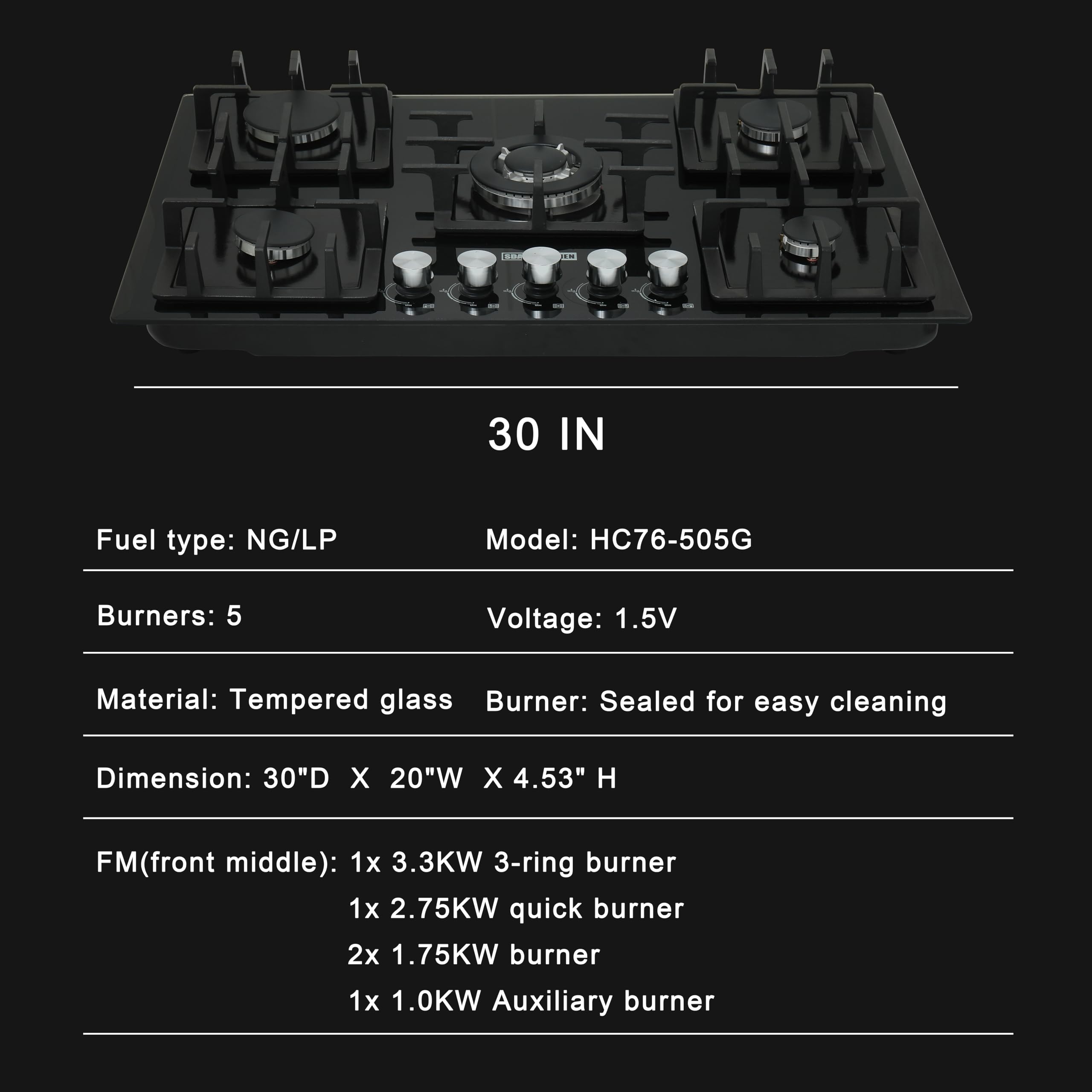 30-Inch Tempered Glass Gas Cooktop with 5 Sealed Burners - Built-in LPG/NG Dual Fuel Stove with Wok Stand & Pressure Regulator - Perfect for Home Kitchen, Restaurant & Outdoor Cooking