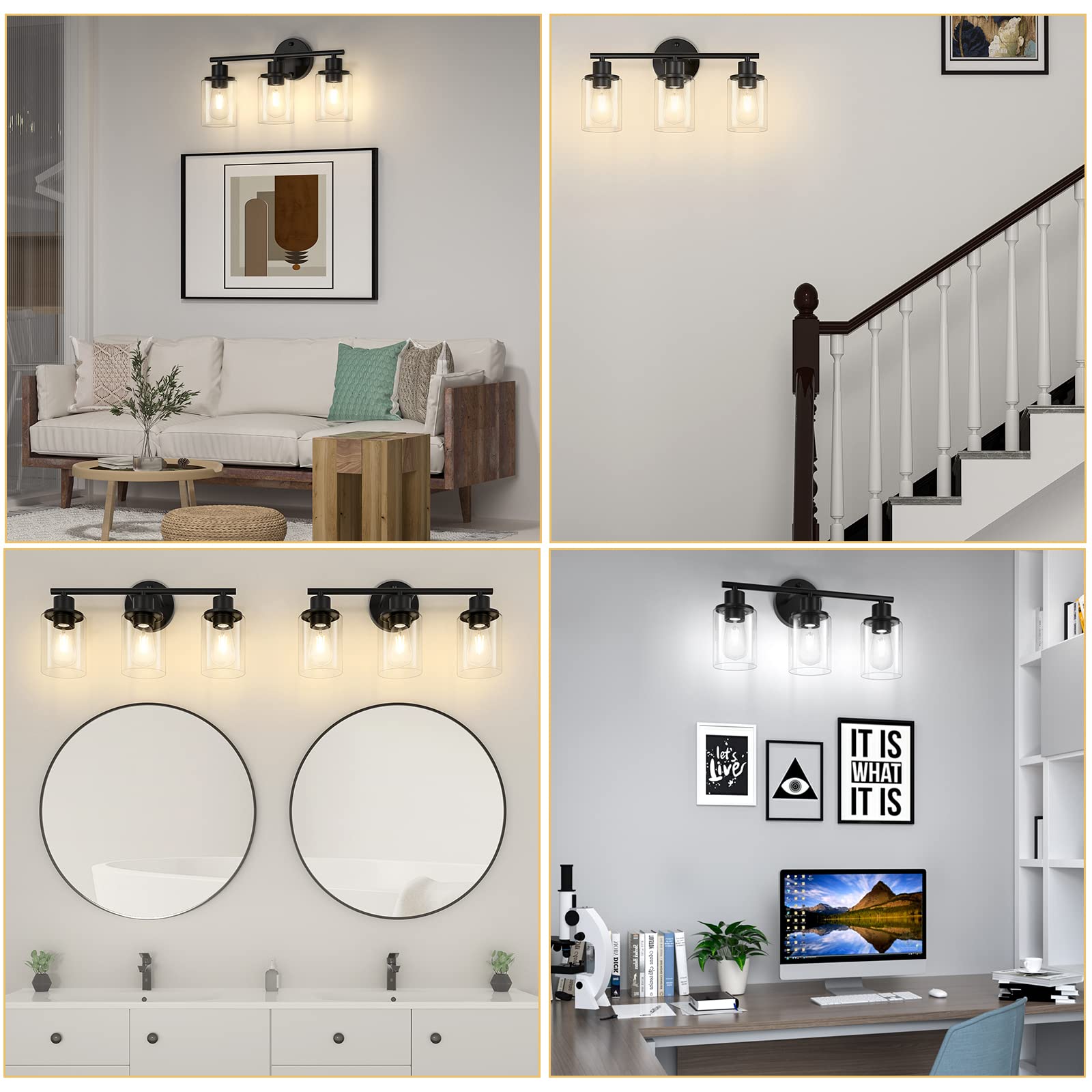 Licperron 3-Light Modern Bathroom Vanity Light Fixture - Black Wall Sconce with Clear Glass Shade for Mirror Lighting - Farmhouse Style Bathroom Wall Light for Bedroom, Hallway & Living Room - Perfect for Home Decor, Spa Bathroom & Vanity Makeup Area