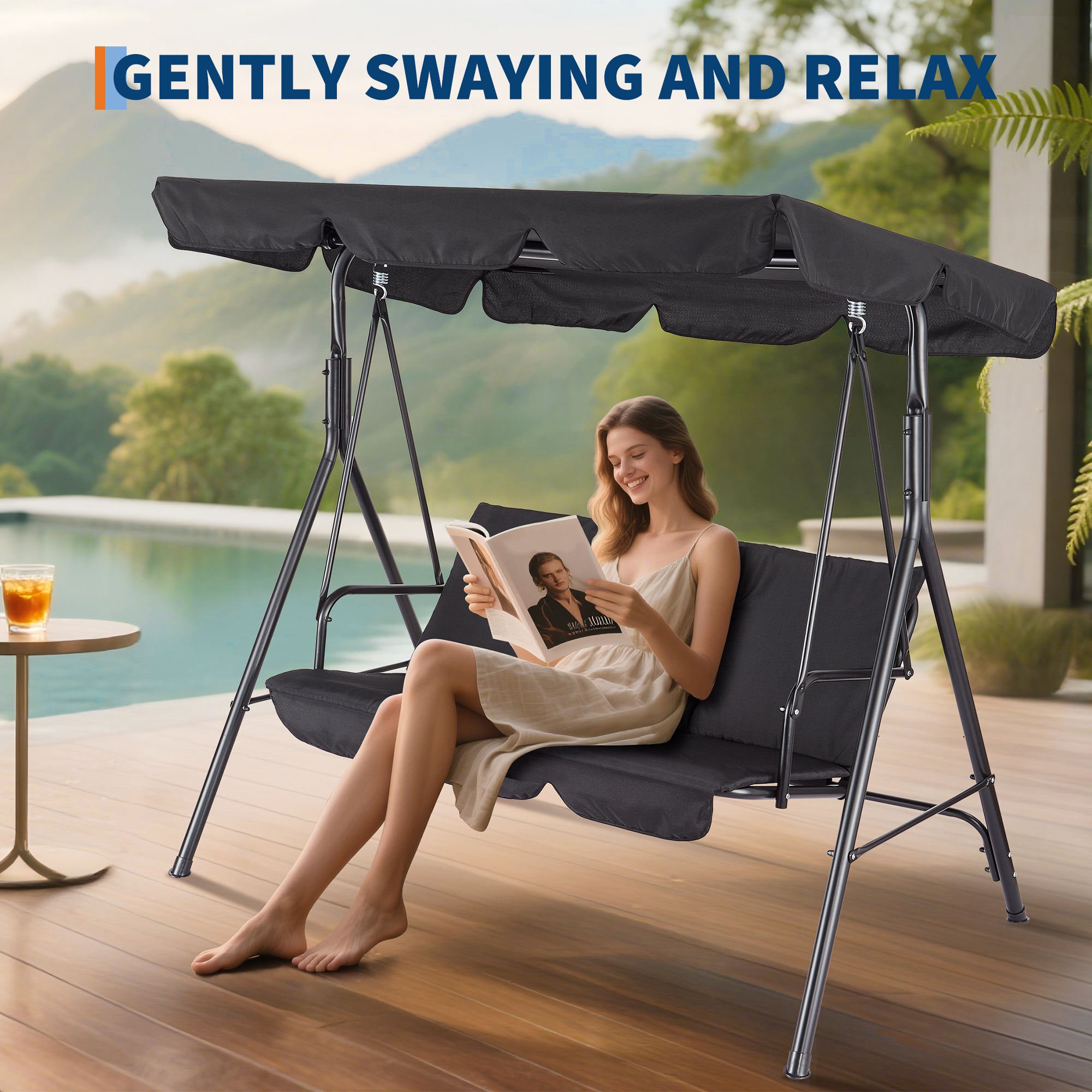 GARVEE 3-Person Outdoor Patio Swing Chair with Adjustable Tilt Canopy - Convertible Hanging Glider Lounge for Porch, Backyard & Garden - Weather-Resistant Black Steel Frame - Perfect for Relaxing, Reading & Outdoor Entertaining