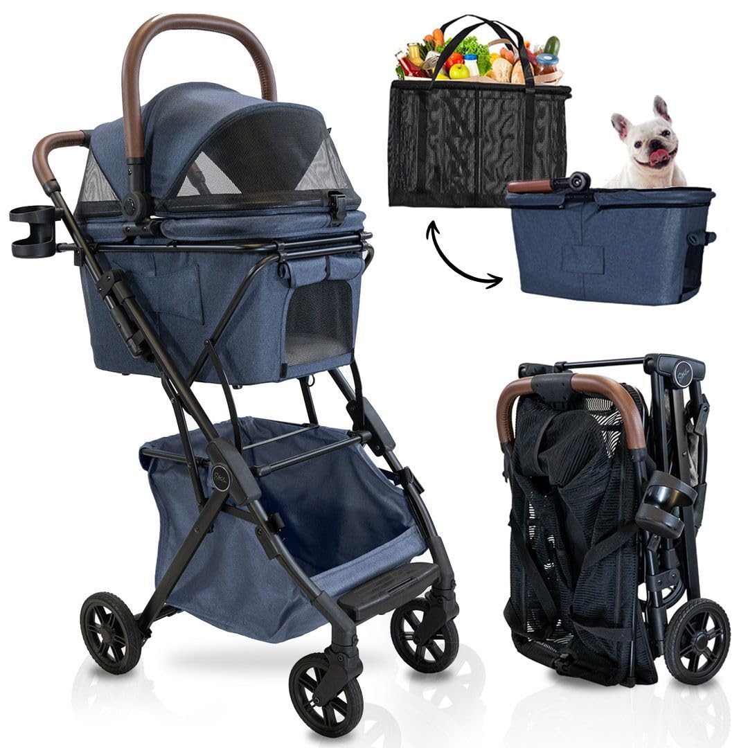 Premium Pet Stroller & Folding Shopping Cart with Lightweight Aluminum Frame - Removable Bassinet & Shopping Bag for Small to Medium Dogs & Cats (Blue) - Perfect for Park Walks, Shopping Trips & Vet Visits
