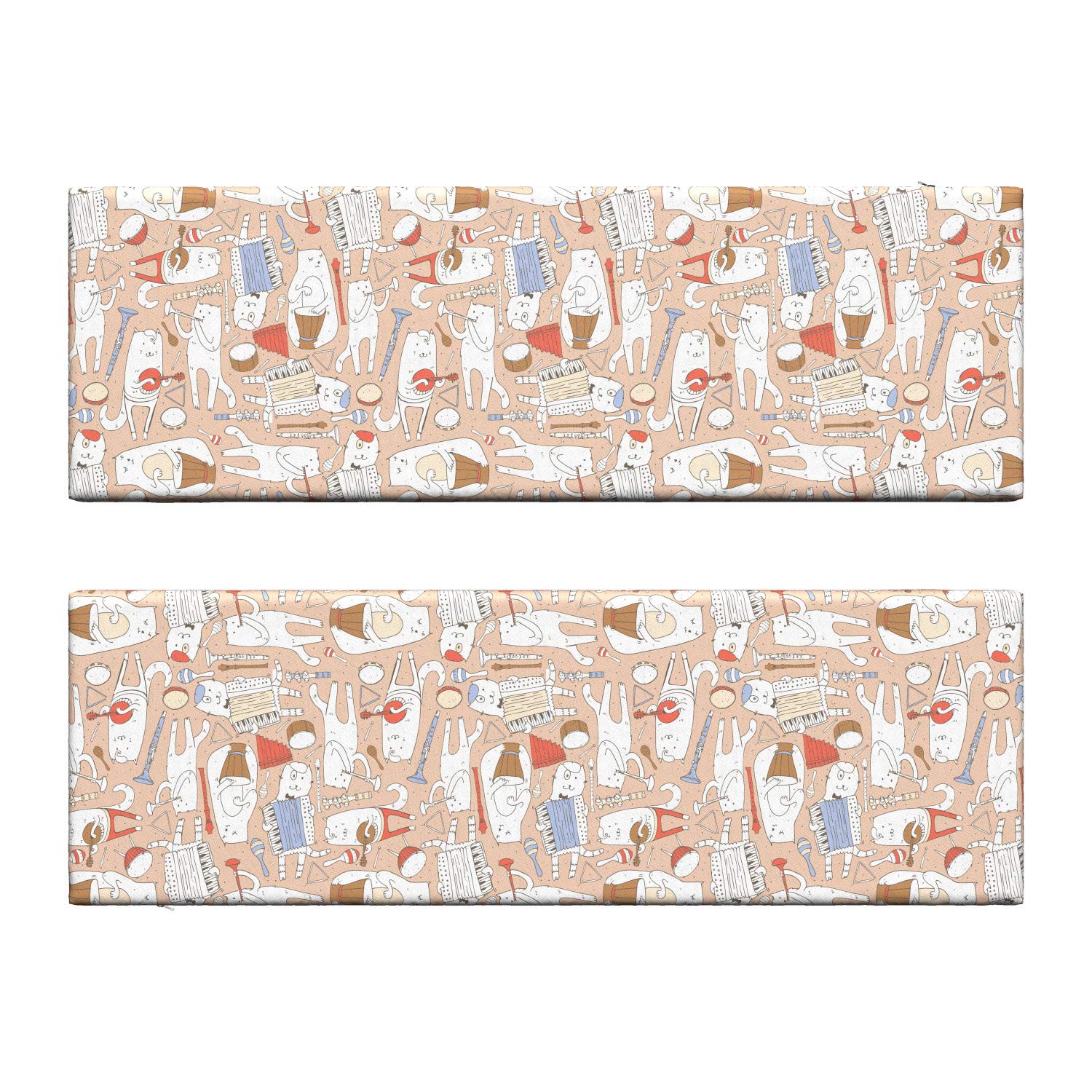 Ambesonne 2-Piece Music Bench Cushion Set - Cartoon Musician Cats with Drum, Accordion, Tube & Guitar Design - Standard Size 45