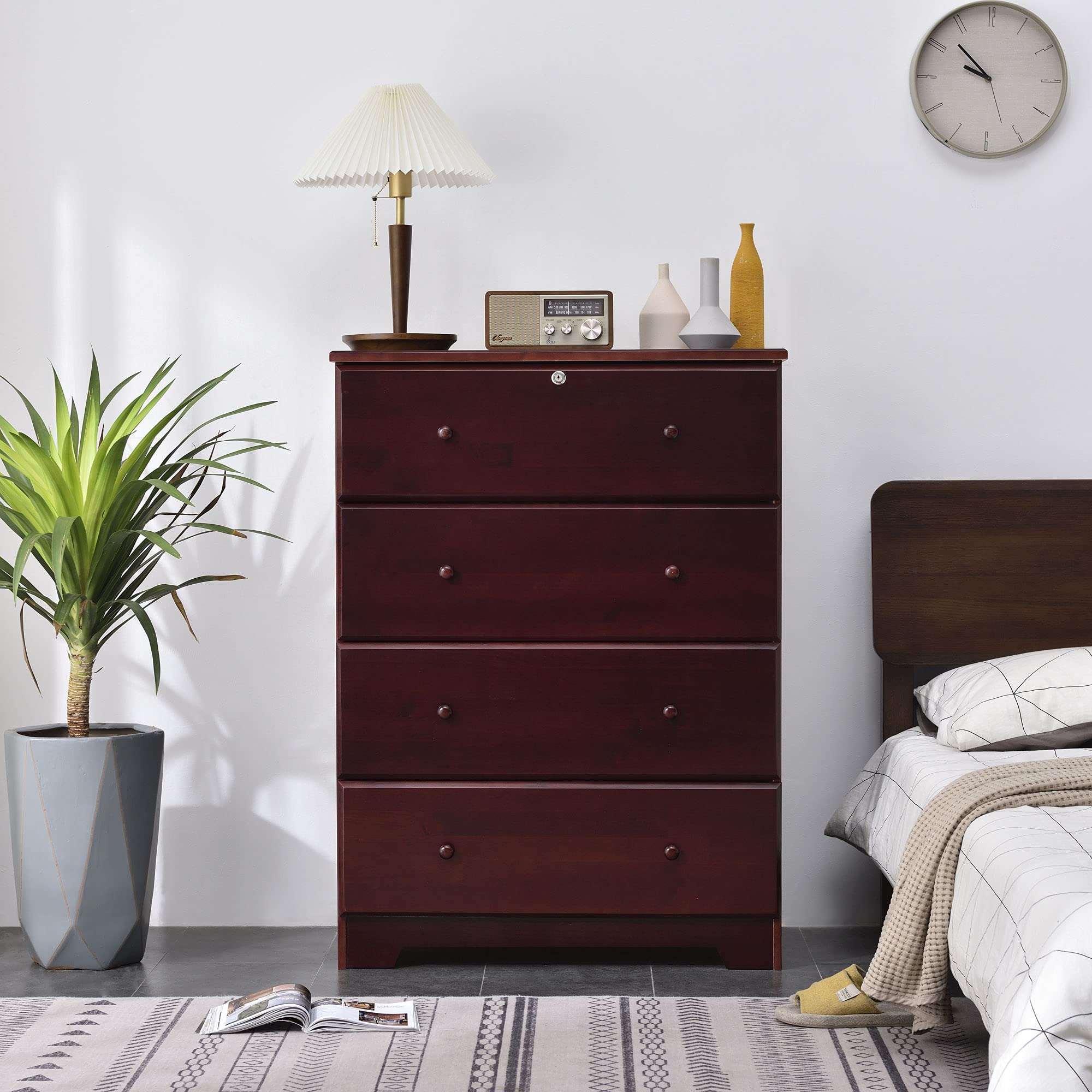 100% Solid Pine Wood Super Jumbo Chest - 4 or 5 Deep Drawers Storage Dresser with Lock & Key Included (4 Drawers, Mahogany Finish) - Perfect for Bedroom, Nursery, or Closet Organization