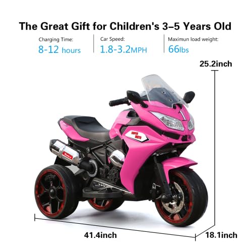 **12V Kids Electric Motorcycle Ride-On Toy - 3-Wheel Stable Design, 2 Speeds, LED Lights & Wide PU Seat for Ages 3-6 - Perfect Gift for Boys & Girls (Pink) - Indoor & Outdoor Play, Birthday & Holiday Gifts**