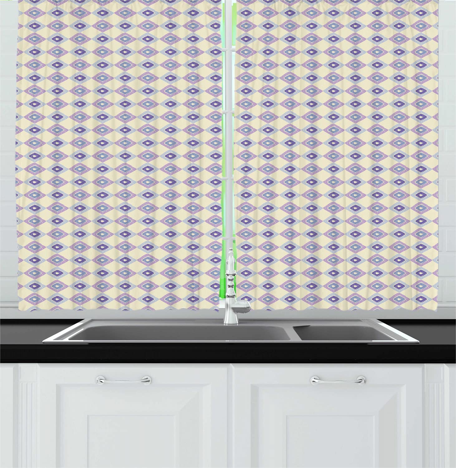 Ambesonne Boho Kitchen Curtains - Pencil Hatched Nested Rhombs Pattern, 2 Panel Window Drapes for Kitchen & Cafe Decor, 55