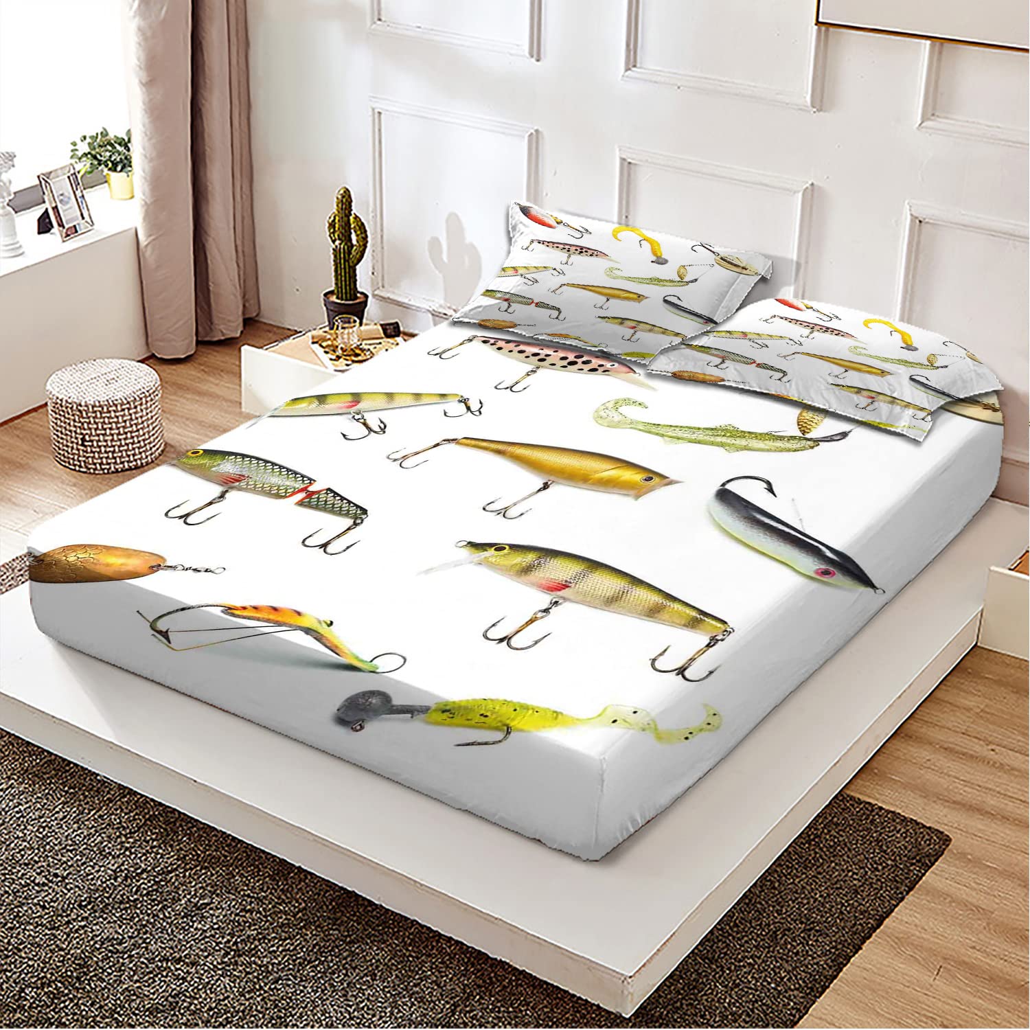 Fishing & Hunting Sea Animals Themed Twin/Twin XL Fitted Bed Sheets - Ultra Soft, Breathable 2-Piece Printed Bedding Set (Multicolor) for Kids' Rooms, Beach Houses & Outdoor Enthusiasts