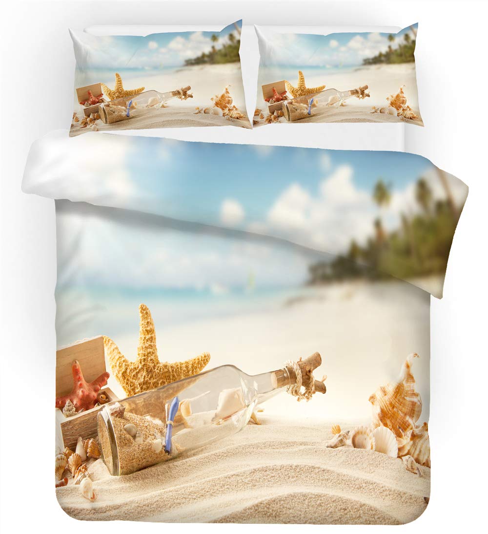 REALIN 3D Beach Shell Themed Duvet Cover Set - Sea, Sunlight & Pineapple Design - 2/4PCS Quilt Cover with Sheets & Pillow Shams - Twin/Full/Queen/King Size (Queen 228x228cm 4PCS) - Perfect for Coastal Bedrooms, Vacation Homes & Tropical Decor