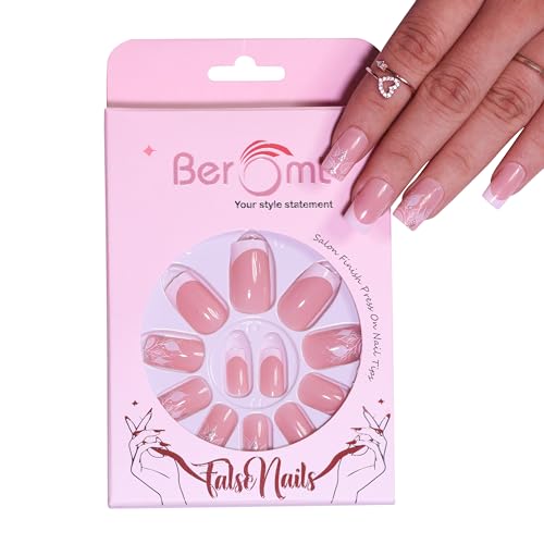 Beromt 12-Piece French Tip Artificial Nails Set - Acrylic Full Cover Fake Nails with Adhesive Stickers & Nail File | Long-Lasting, Easy to Apply | Perfect for Parties, Weddings & Daily Wear (BFN304FN)