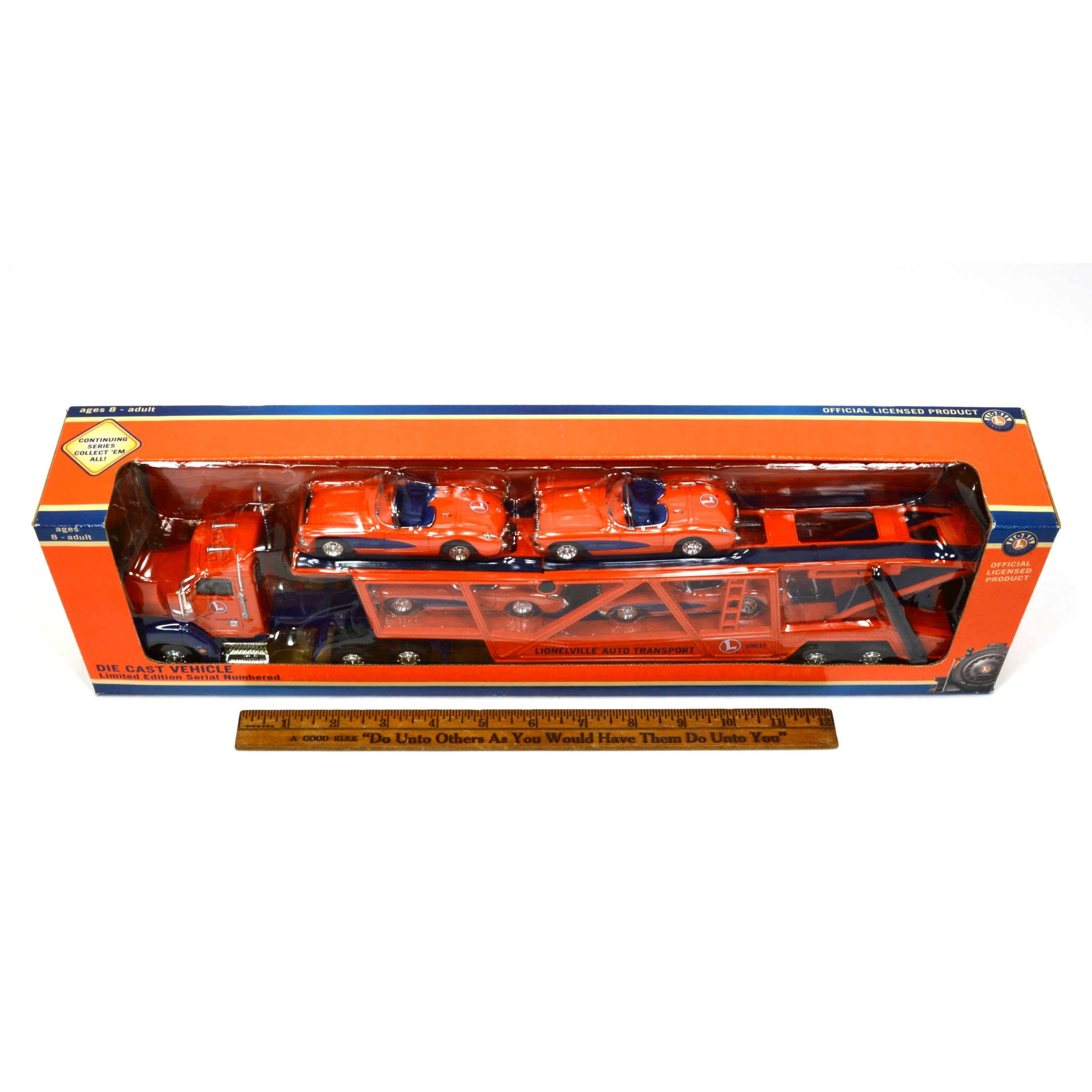 New in Box Lionel Lionville Auto Transport Diecast Car Carrier with 4 Cars - Perfect for Train Sets, Collectors & Kids Playroom Scenes
