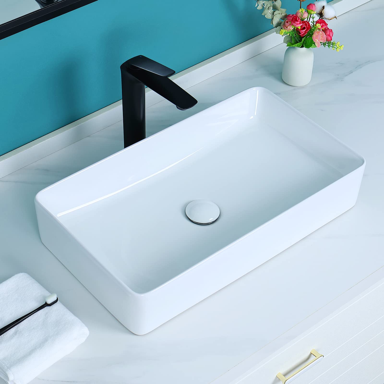 Davivy 23.6'' Rectangular Ceramic Vessel Sink with Pop-Up Drain - Bathroom Countertop Upgrade