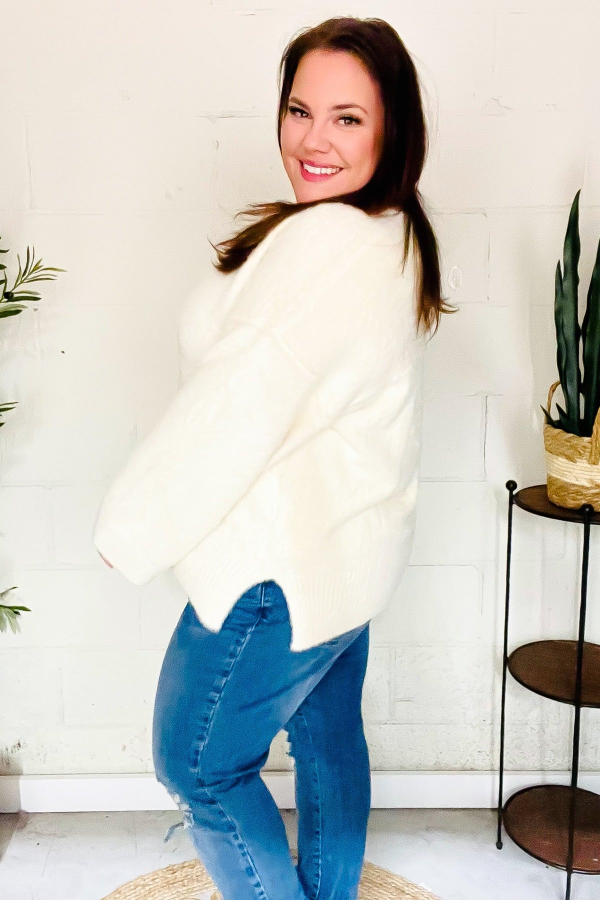 Classic Elegance Ivory Fuzzy Soft Knit Sweater for Women - Cozy Winter Pullover with Long Sleeves - Perfect for Casual Outfits, Office Wear & Holiday Gatherings