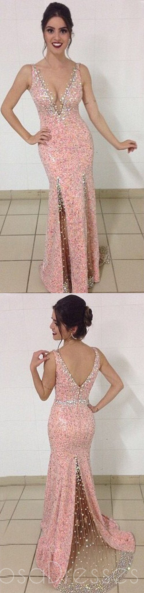 Elegant Pink Mermaid Prom Dress with V-Neck - Sexy Long Evening Gown for Homecoming, Formal Parties & Special Occasions - PD0053
