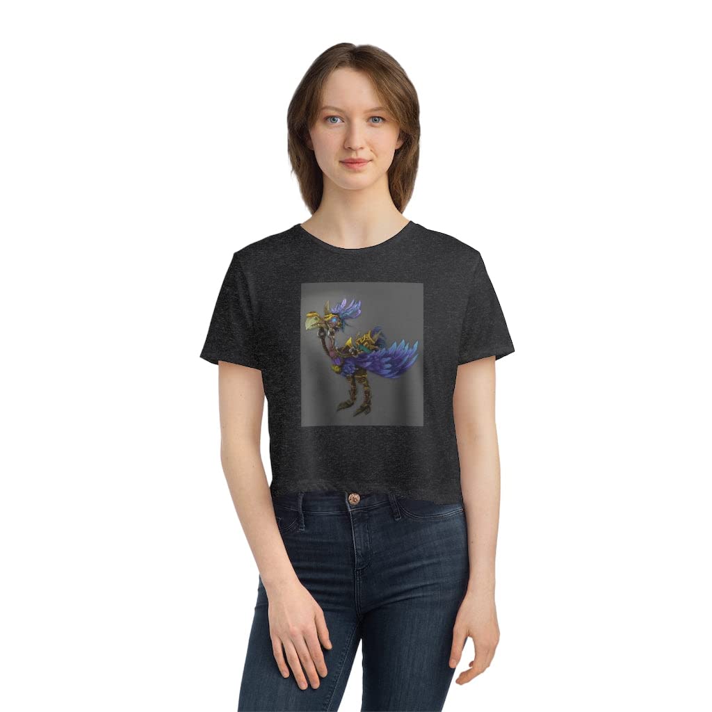 Women's Flowy Cropped T-Shirt - Squawkers The Ostrich Print - XL Size - Heather Navy Color - Casual Summer Top for Beach, Music Festivals & Streetwear