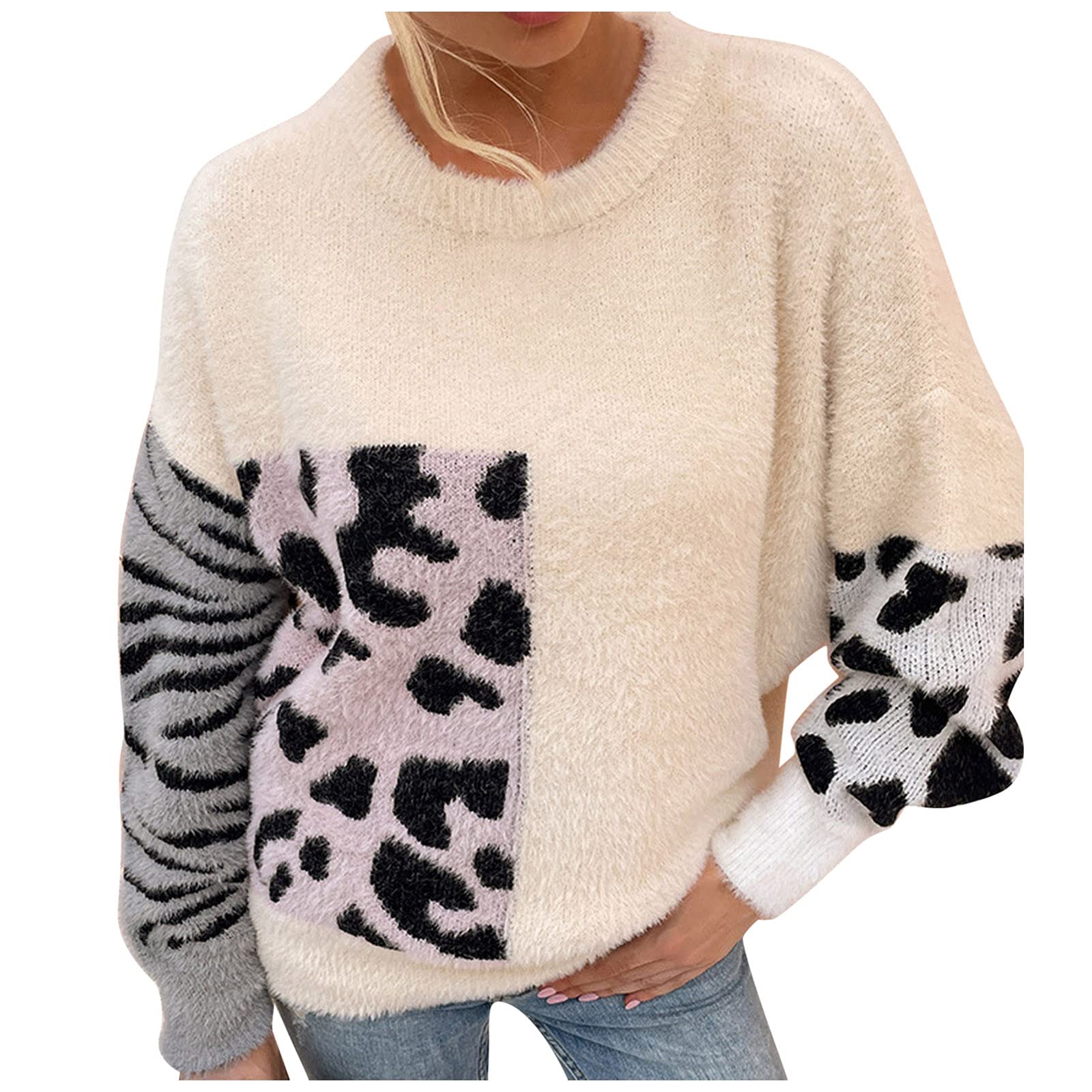 Women's Long Sleeve Mink Knit Cardigan Sweater - Leopard Print Contrast Design, Round Neck Open Front Long Cardigan for Women | Perfect for Fall, Winter & Casual Outfits