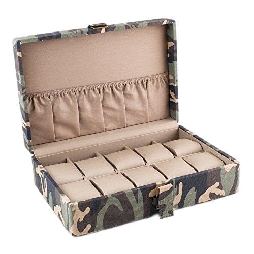 10-Slot Camouflage Canvas Watch Box with Khaki Interior & D-Ring Buckle - Perfect for Watch Collectors, Travel Storage & Gift Giving