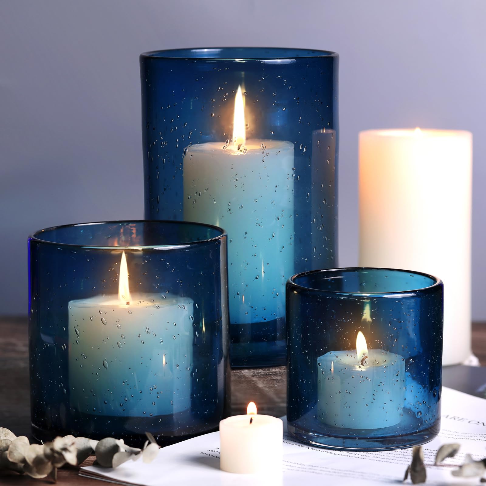 Blue Glass Hurricane Candle Holders Set of 3 - Seeded Bubbles Pillar Candle Holders 8