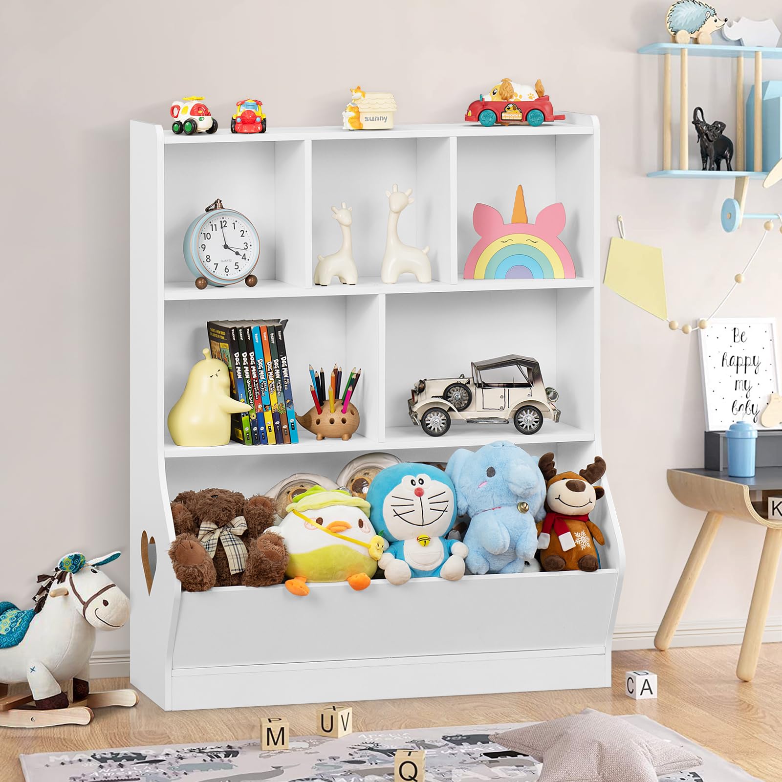 Lerliuo 3-Tier Kids Toy Storage Organizer & Bookshelf - 7-Cubby Toy Cabinet for Playroom, Bedroom, Nursery - White Children's Bookcase (29.53