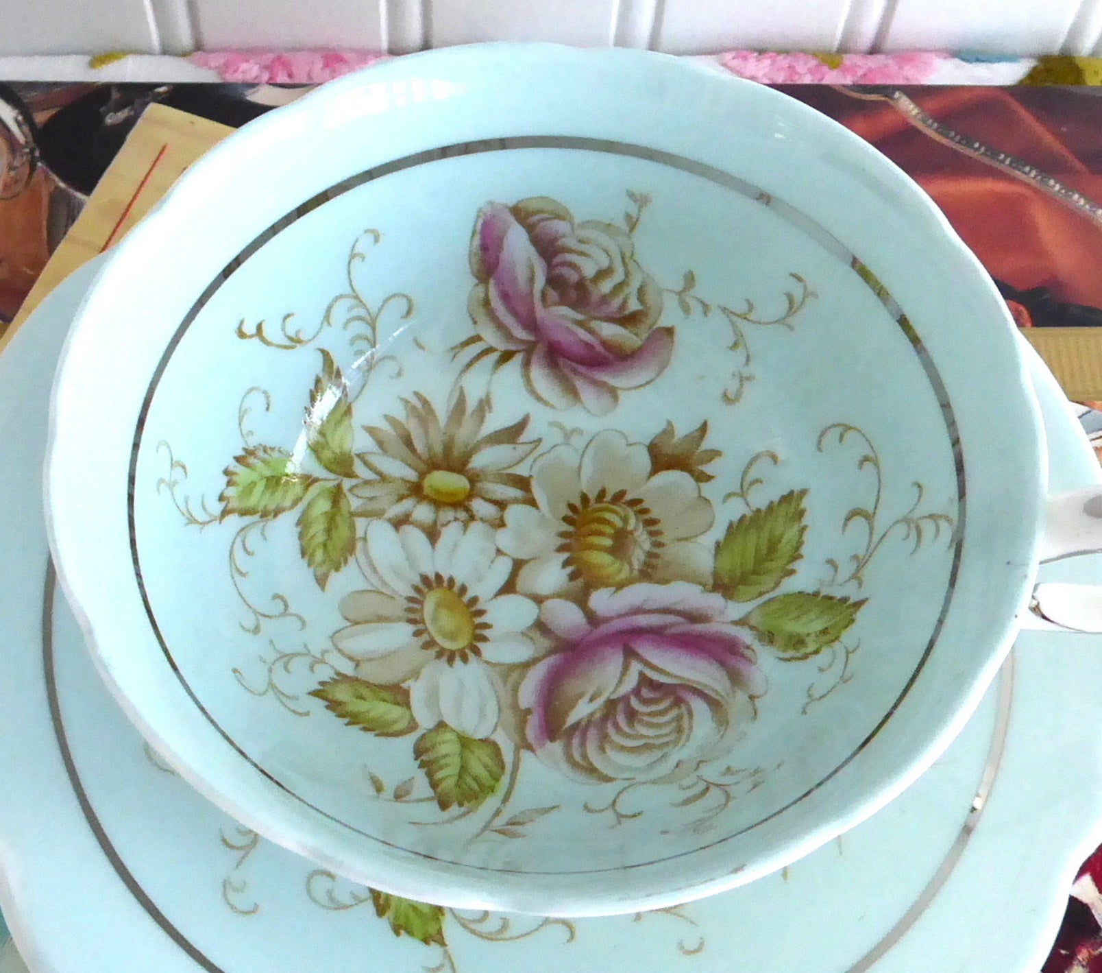 Vintage 1940s Hand-Painted Floral Paragon Cup and Saucer Set - Robin's Egg Blue with Platinum Trim | Elegant Tea Time, Bridal Shower, and Antique Collectible