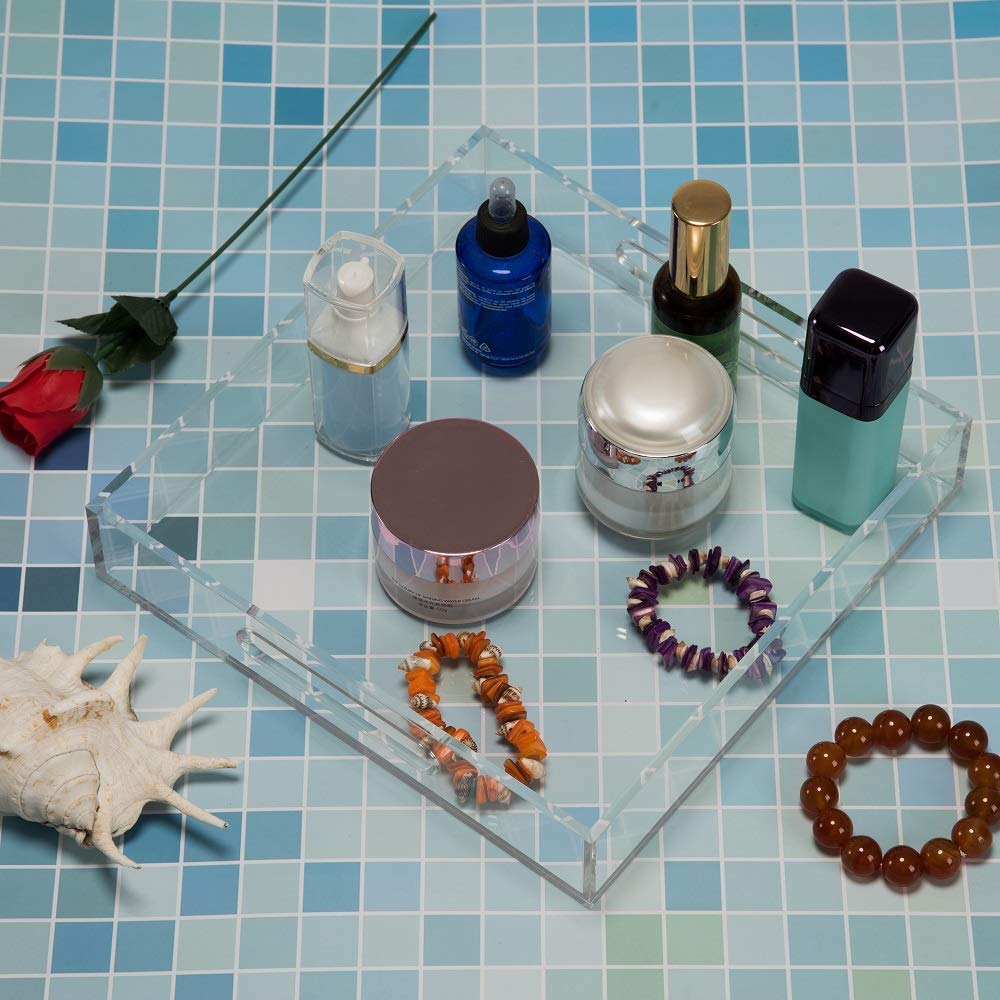 Clear Acrylic Serving Tray 10x10 Inch - Kitchen & Vanity Organizer for Coffee, Makeup, Decor