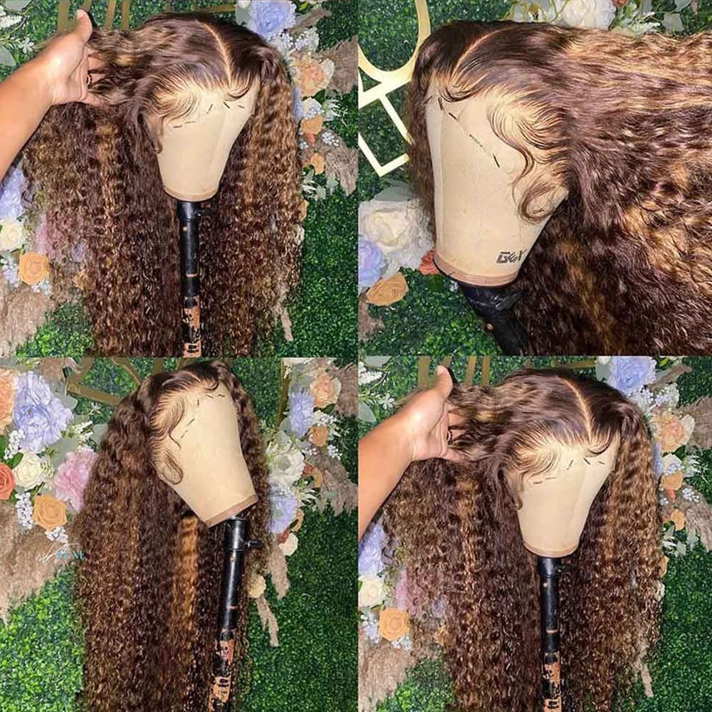 Smavida Ombre 13x4 HD Lace Front Wigs Human Hair - Pre Plucked 4/27 Honey Blonde Highlight Water Wave Lace Frontal Wig for Women - 180% Density Deep Curly Glueless Human Hair Wig for Daily Wear & Special Occasions