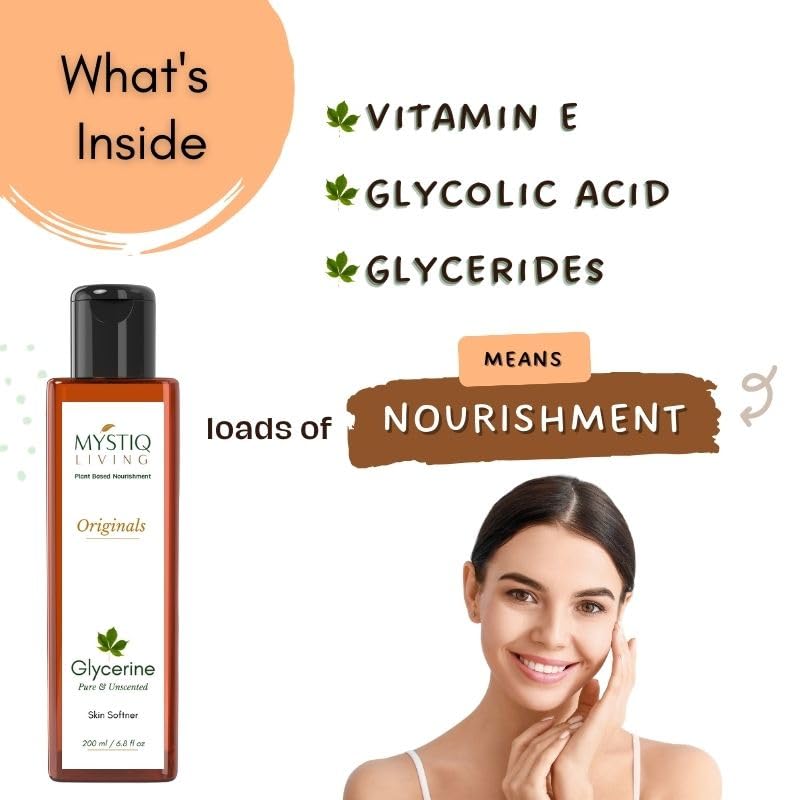 Pure & Unscented Plant-Based Glycerin for Face & Body Care - Mystiq Living 100ml | Hydrating Skin Moisturizer for Dry Skin, DIY Beauty Recipes & Sensitive Skin Care