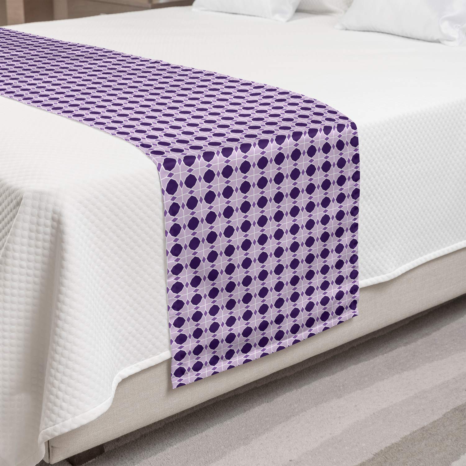 Ambesonne Ethnic Bed Runner - Geometric Mosaic Bohemian Style Decorative Bed Scarf for Queen & King Beds | Traditional Oriental Abstract Pastel Design in Dark Purple Mauve | Perfect for Hotels, Homes & Guest Room Decor