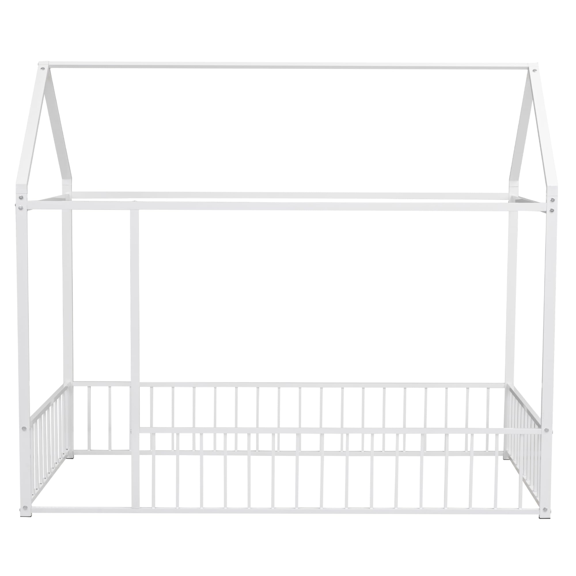 Montessori Twin Size Floor Bed for Kids - White Metal House Bed Frame with Safety Fence | Playhouse Design for Toddlers & Children | Perfect for Bedrooms, Playrooms & Montessori Learning Spaces