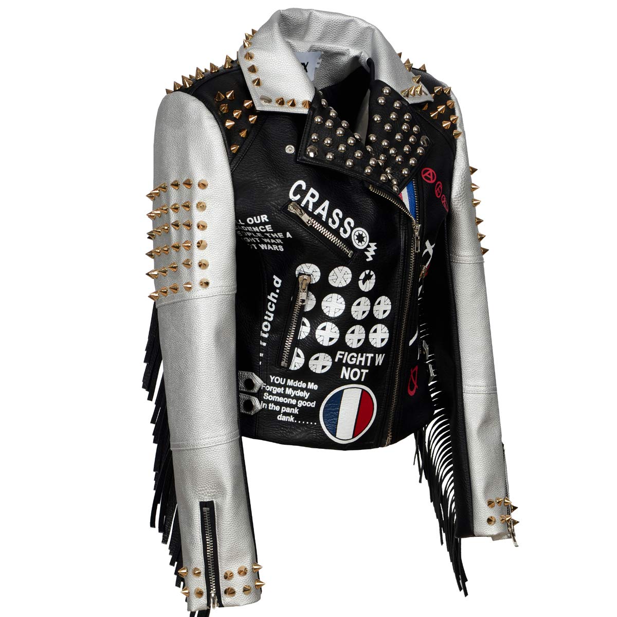 Women's Classic Tassel Print Large Motorcycle Jacket with Personalized Rivet Punk Style - Perfect for Biker Fashion, Rock Concerts & Edgy Streetwear