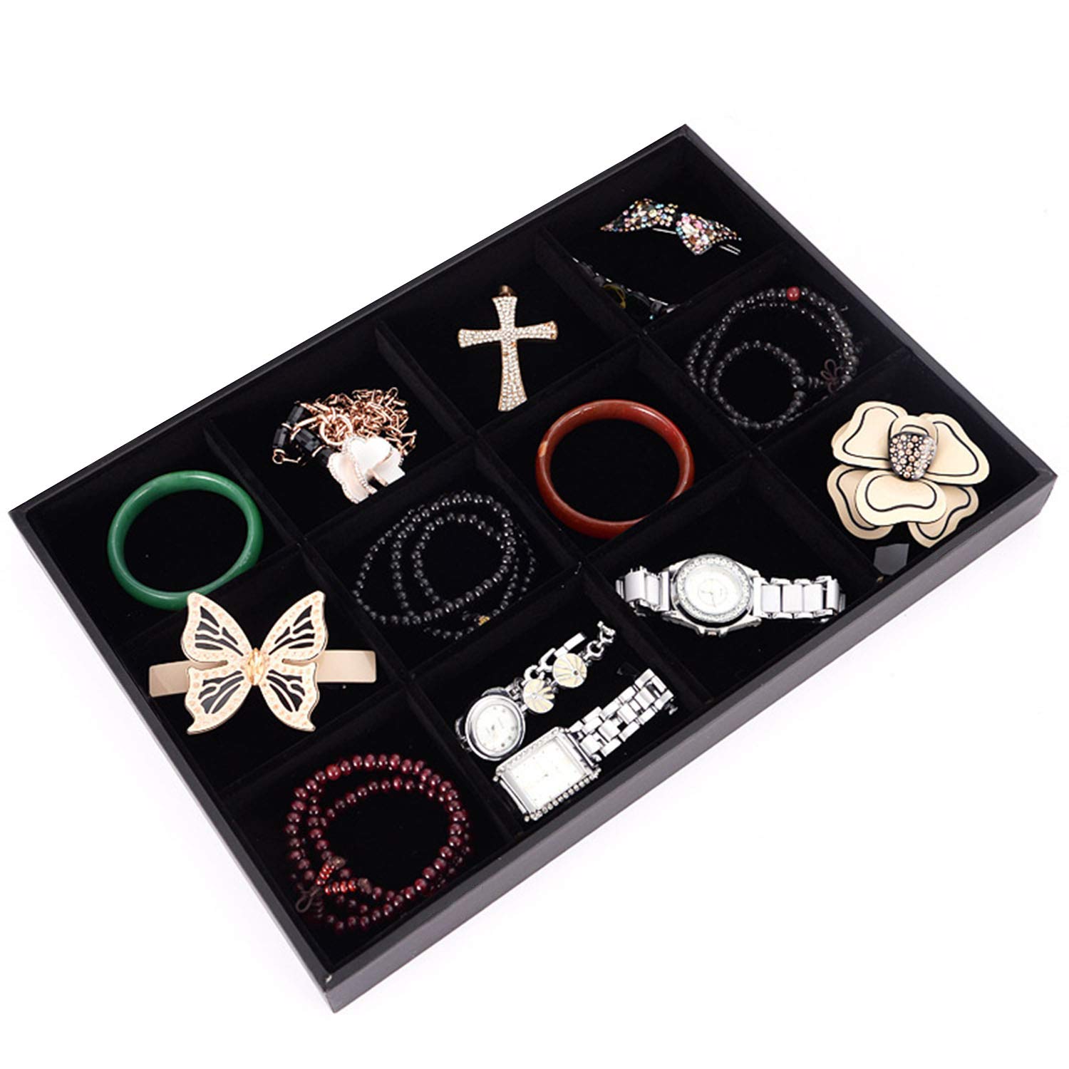Black Velvet Stackable 12-Grid Jewelry Organizer Tray - Elegant Display Case for Gemstone Pendants, Diamond Rings & Necklaces - Modern Vanity Storage Box for Women - Perfect for Closet Organization, Dresser Decor & Jewelry Showcase