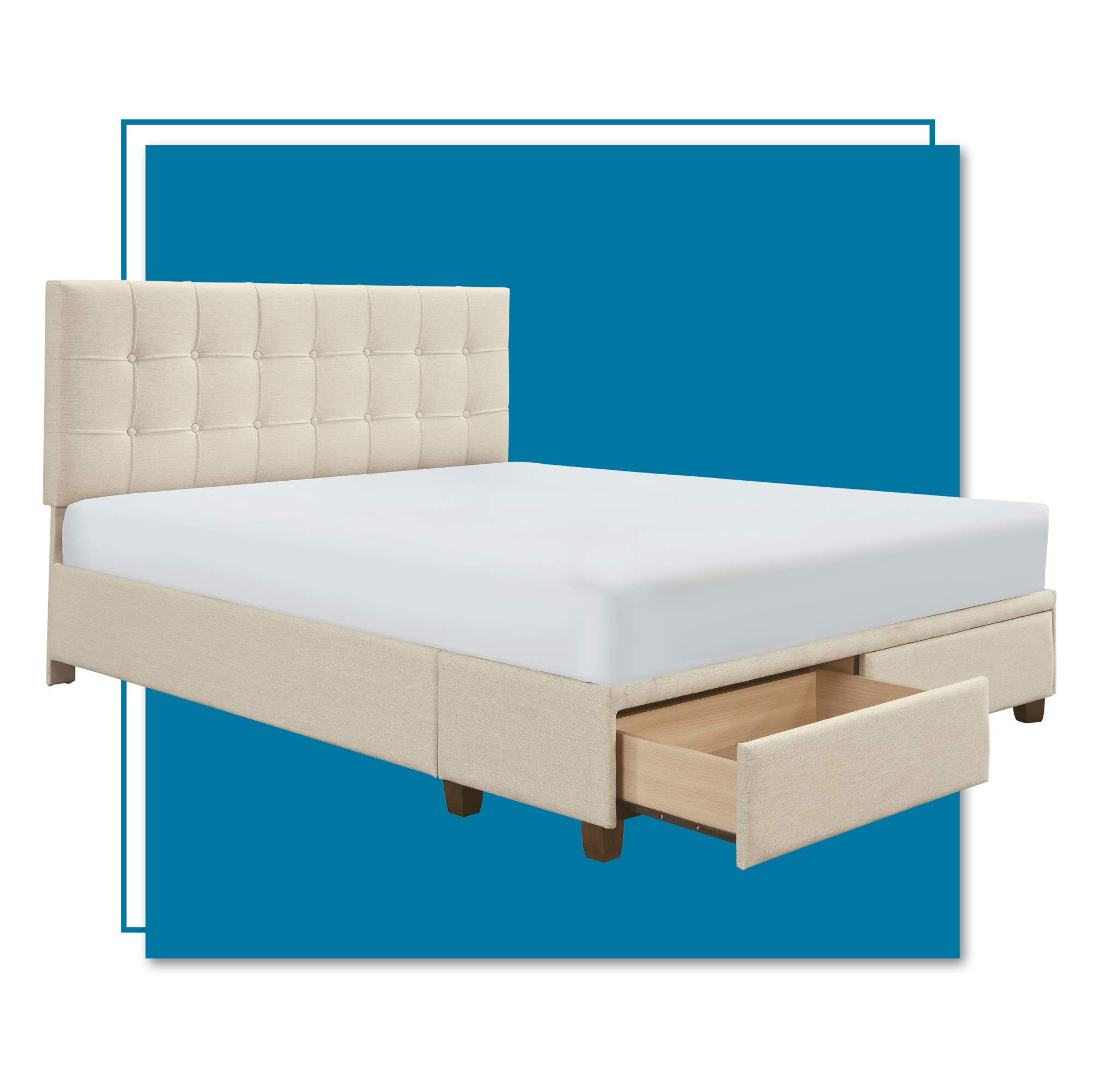 ClickDecor Edmond Queen Size Bed Frame with Storage - Modern Adjustable Height Headboard & Soft Fabric Upholstery in Beige | Perfect for Small Bedrooms & Guest Rooms with Storage Needs
