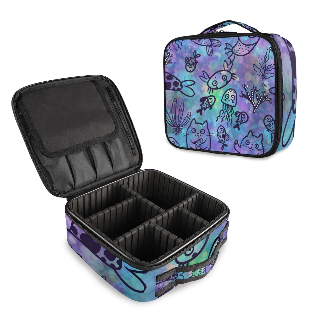 Mermaid & Cats Jellyfish Fish Makeup Bag Organizer - Travel Cosmetic Train Case with Dividers for Women & Girls - Perfect for Travel, Gym, and Daily Makeup Storage