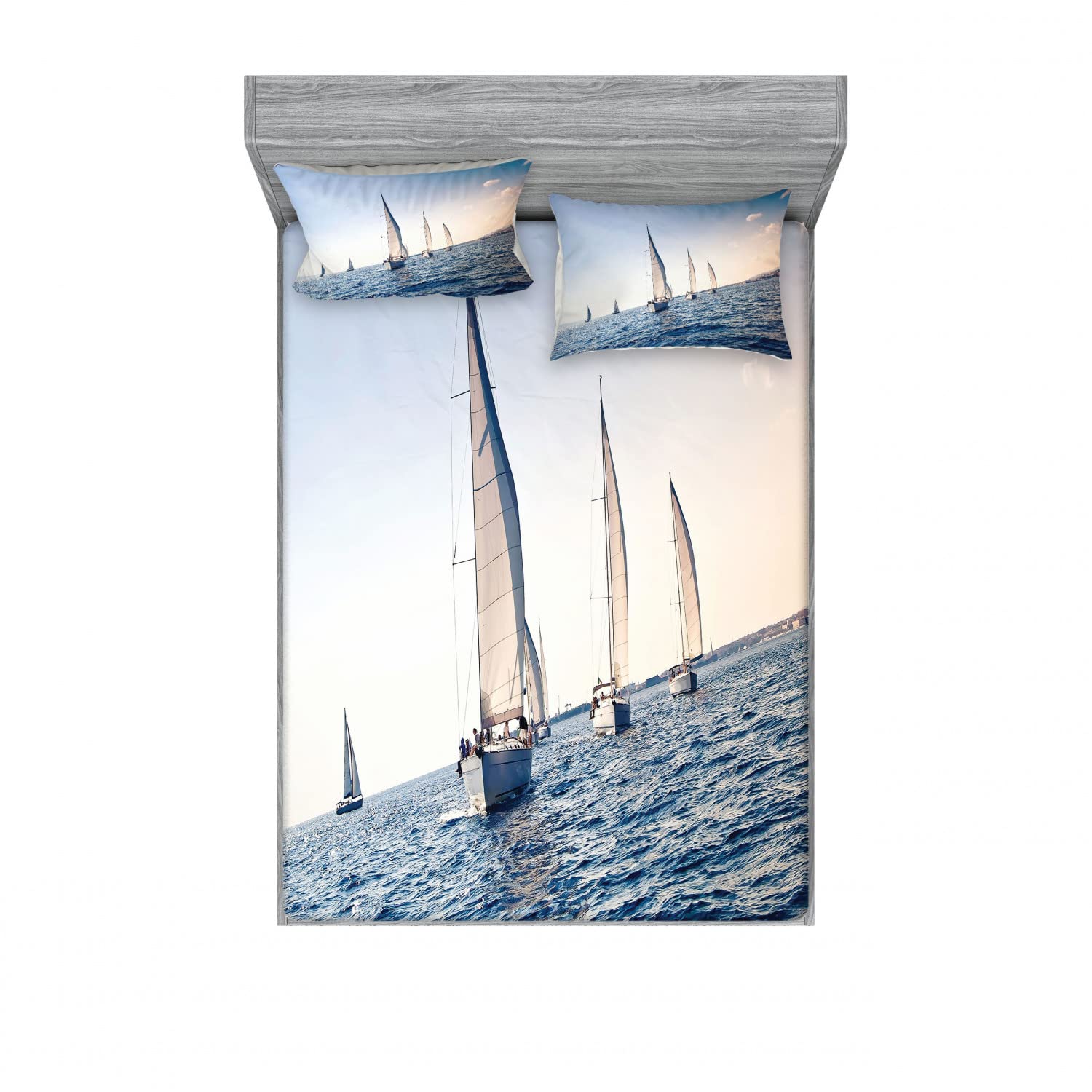 Ambesonne 4-Piece Nautical Bedding Set - 2 Full Size Fitted Sheets & 2 Pillow Shams with Sailboat Racing Design in Blue and White | Sporty Coastal Decor for Guest Rooms, Beach Houses & Nautical Themed Bedrooms