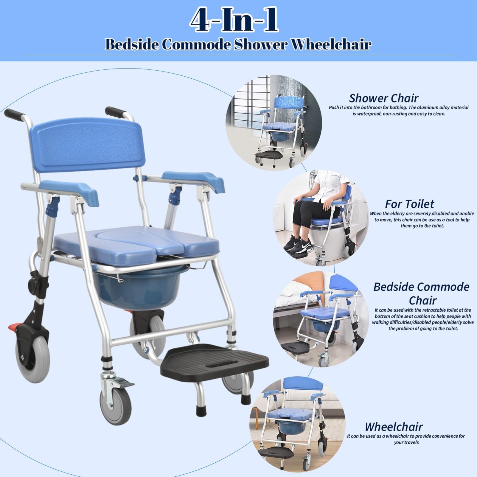 4-in-1 Folding Shower Commode Chair with Locking Wheels & Removable Bucket - Adjustable Height Mobile Toilet Chair for Elderly & Disabled - Ideal for Bathroom Safety, Post-Surgery Recovery & Home Care Use