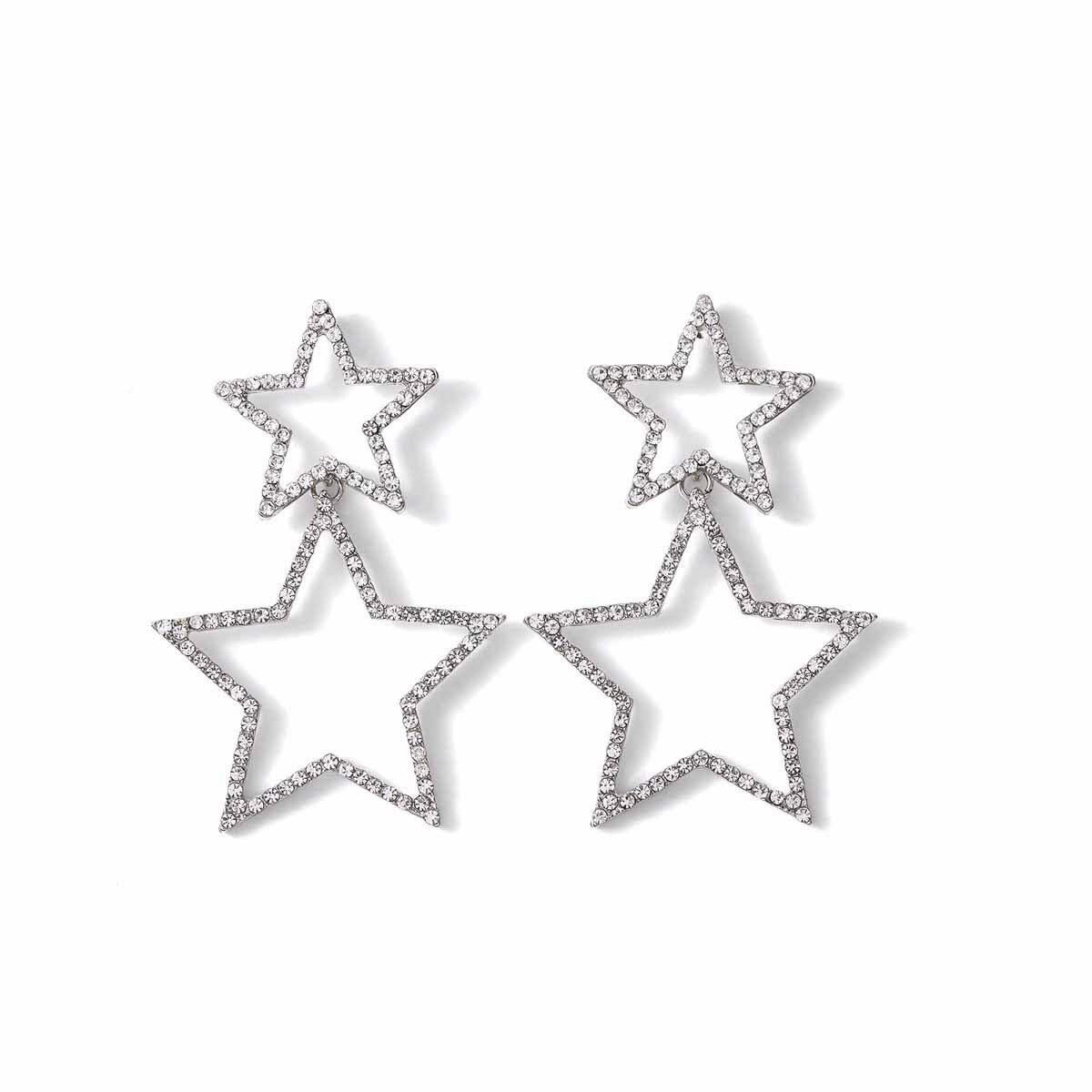Sparkling Silver Star Dangle Earrings for Women - Iridescent Rhinestone Star Jewelry with Big Sparkle | Perfect for Parties, Date Nights & Special Occasions